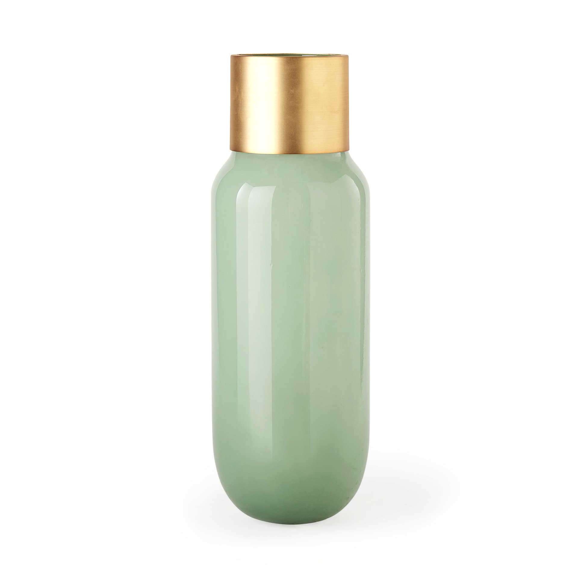 Minty 5.7L x 5.7W x 16.8H Green Glass Vase W/Matte Gold Metal Neck Cuff — product photograph