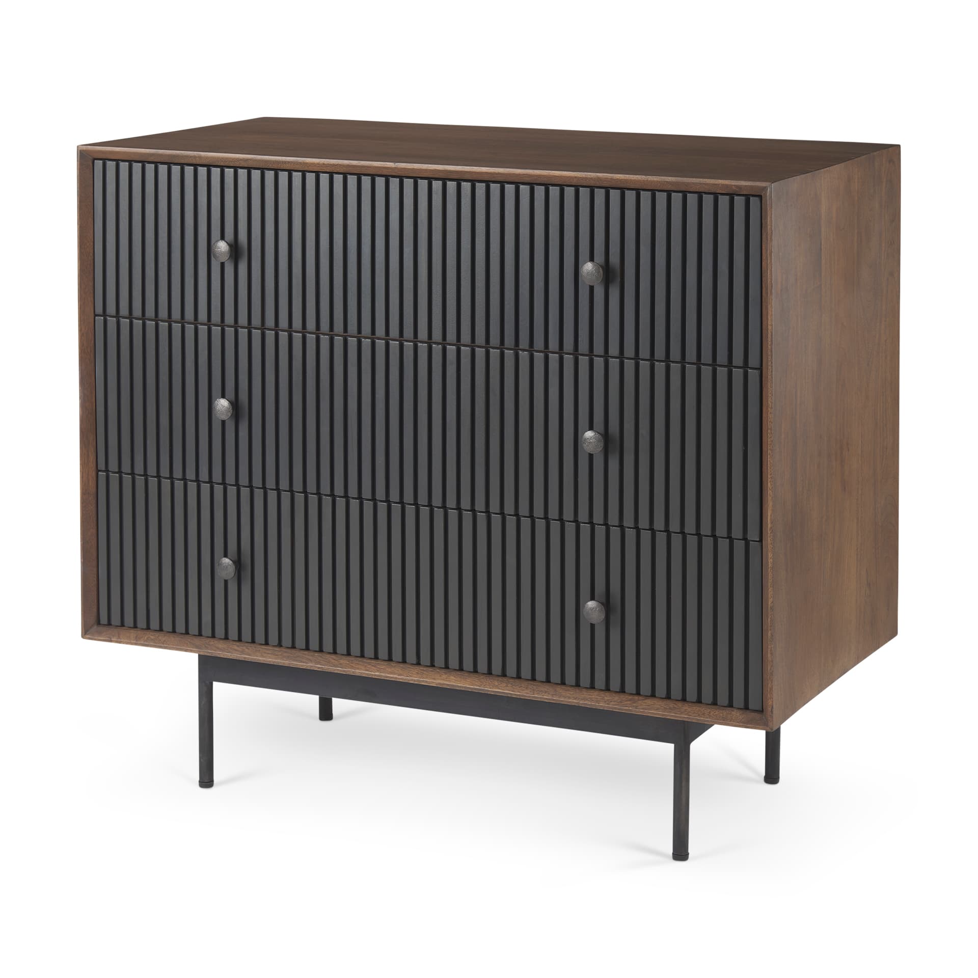 Grace 35.5L x 18.0W x 31.0H Medium Brown Wood W/Black Metal Frame 3 Drawer Accent Cabinet — product photograph