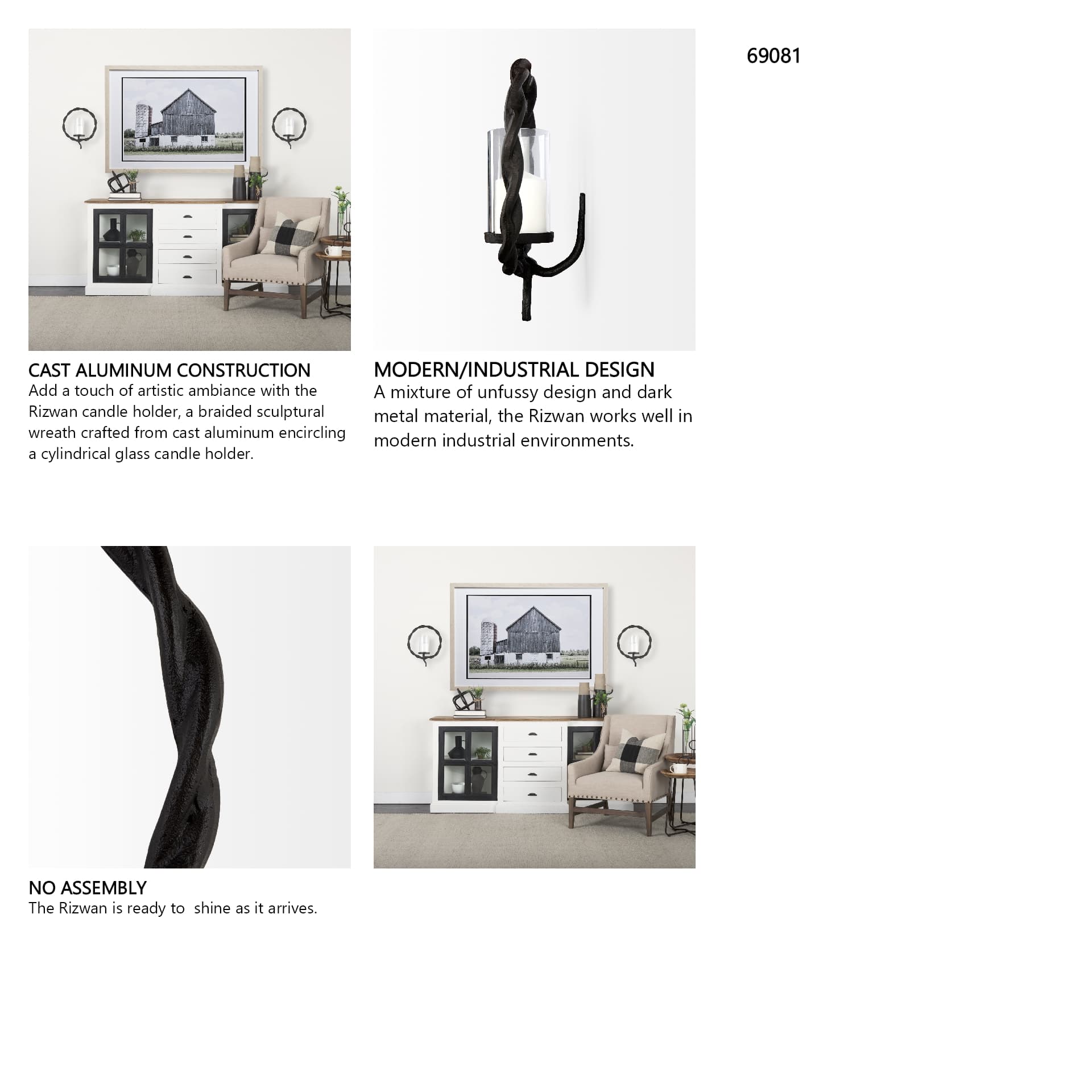 Rizwan 12.0L x 14.0W x 4.5H Black Aluminum Braided Circular Candle Holder — in a styled room