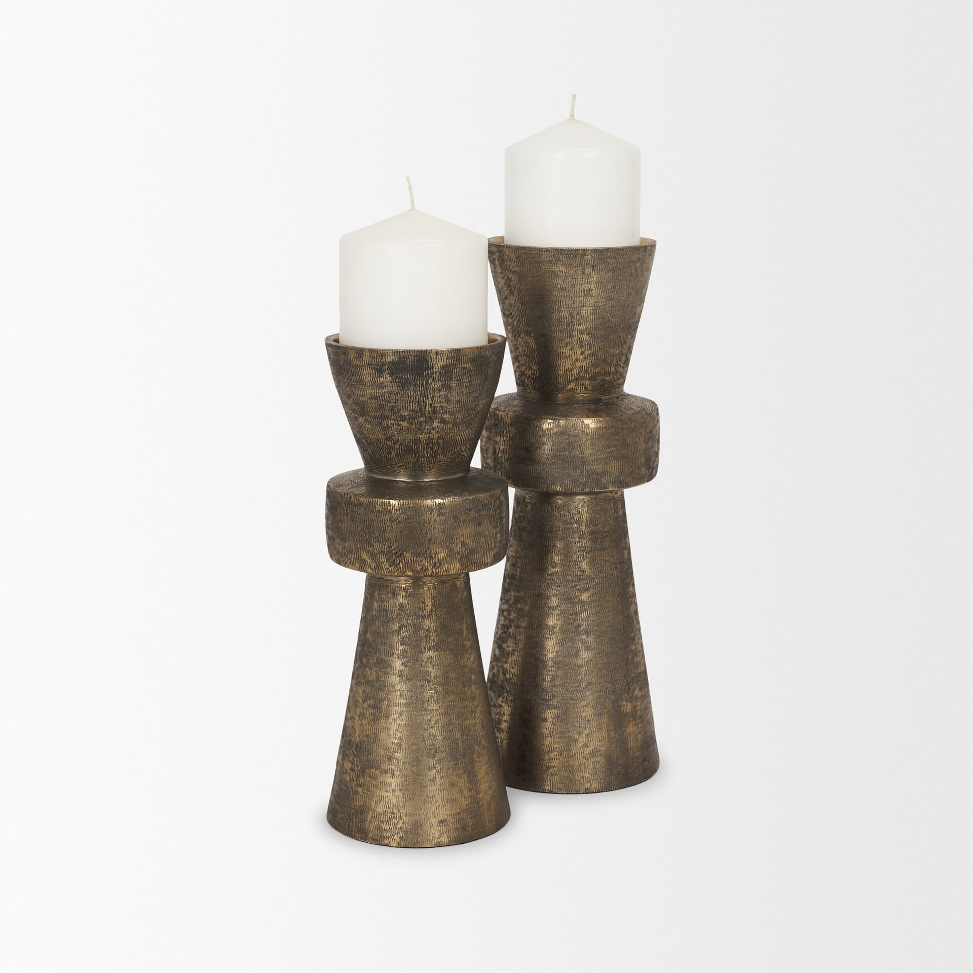 Odilia Small Textured Antiqued Gold Metal Geometric Pillar Candle Holder — product photograph