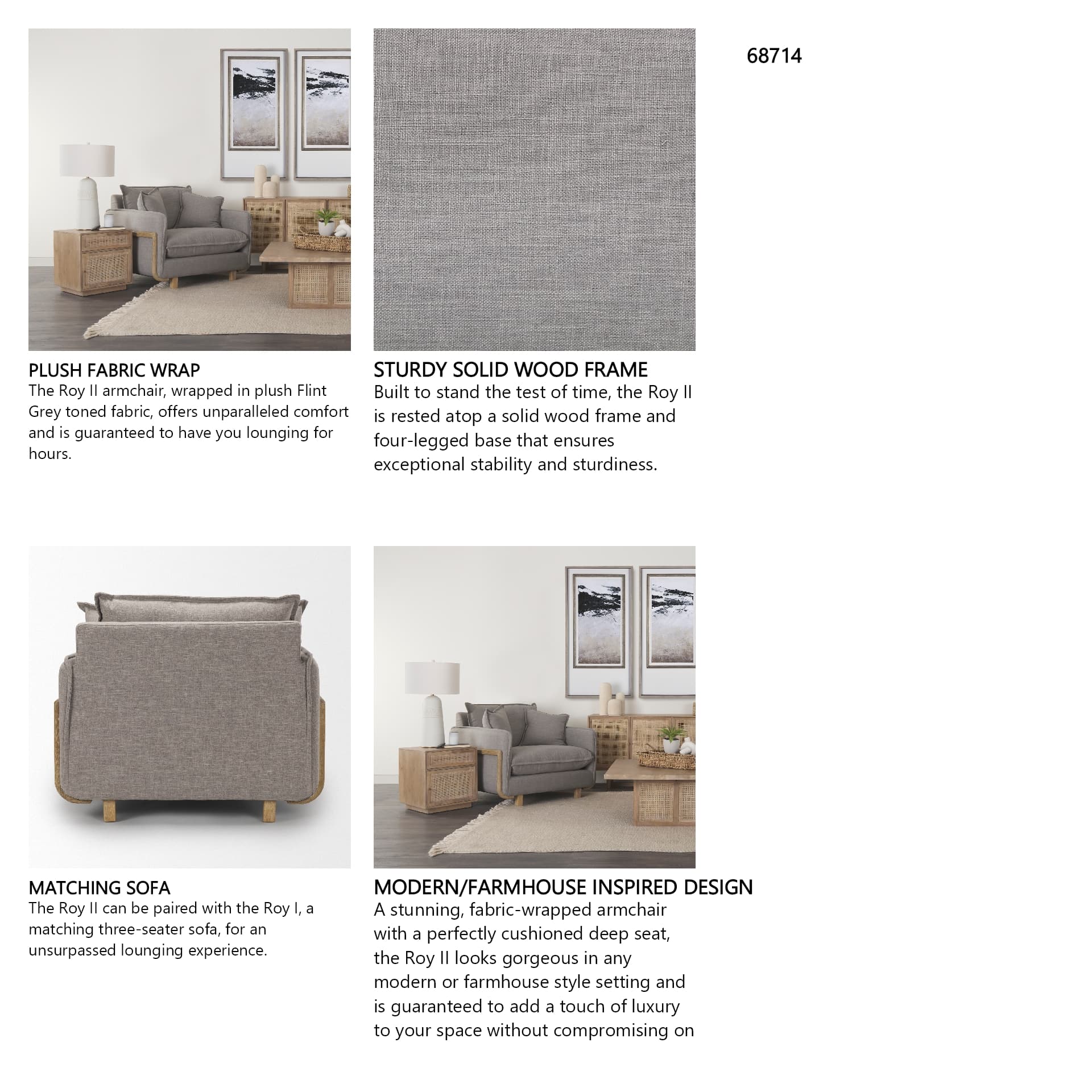 Roy II Flint Gray Upholstered and Brown Wood Frame Arm Chair — in a styled room