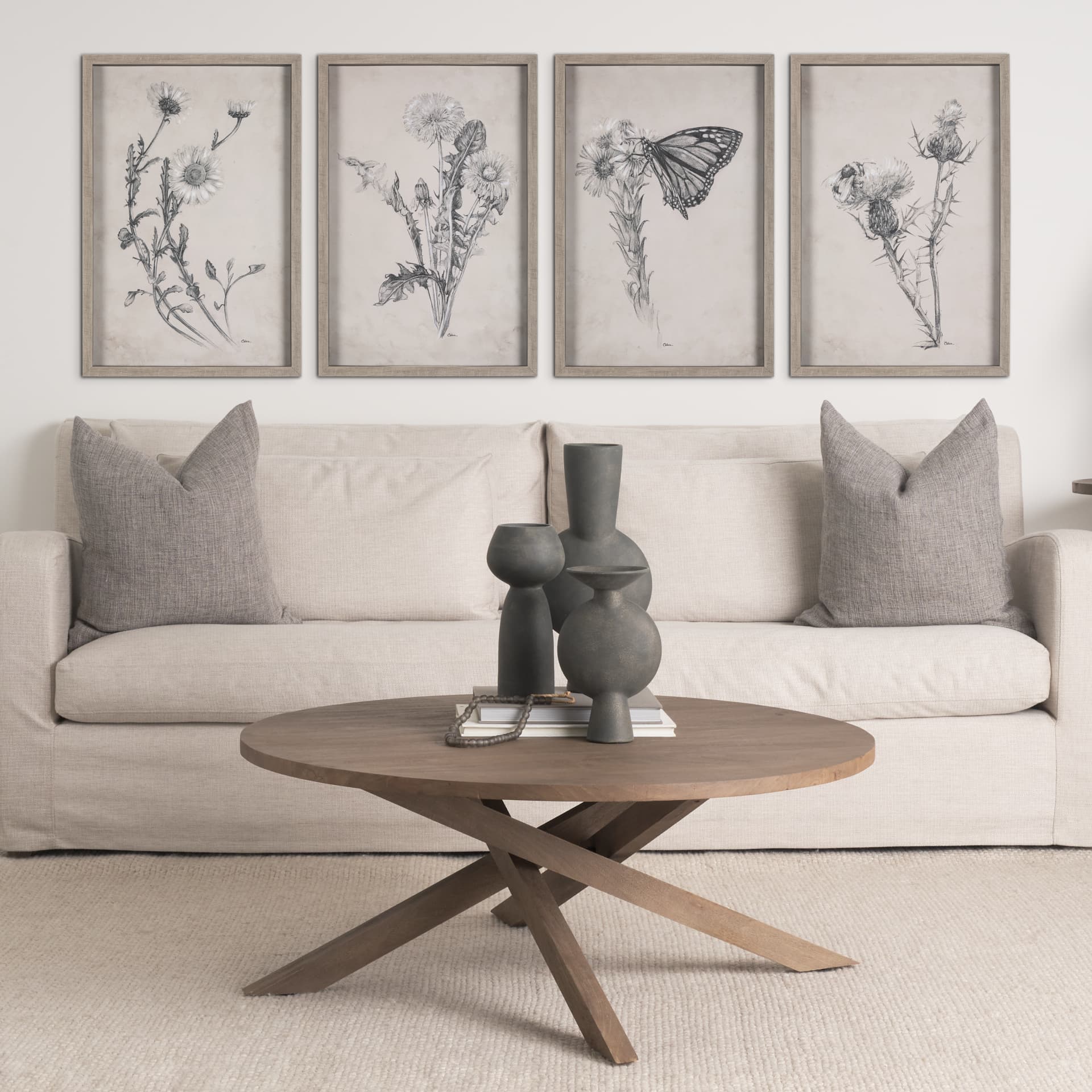 Thistle With Bumblebee Drawing IV Mercana Studio Hand Embellished Framed Art Print Matted under Glas — in a styled room