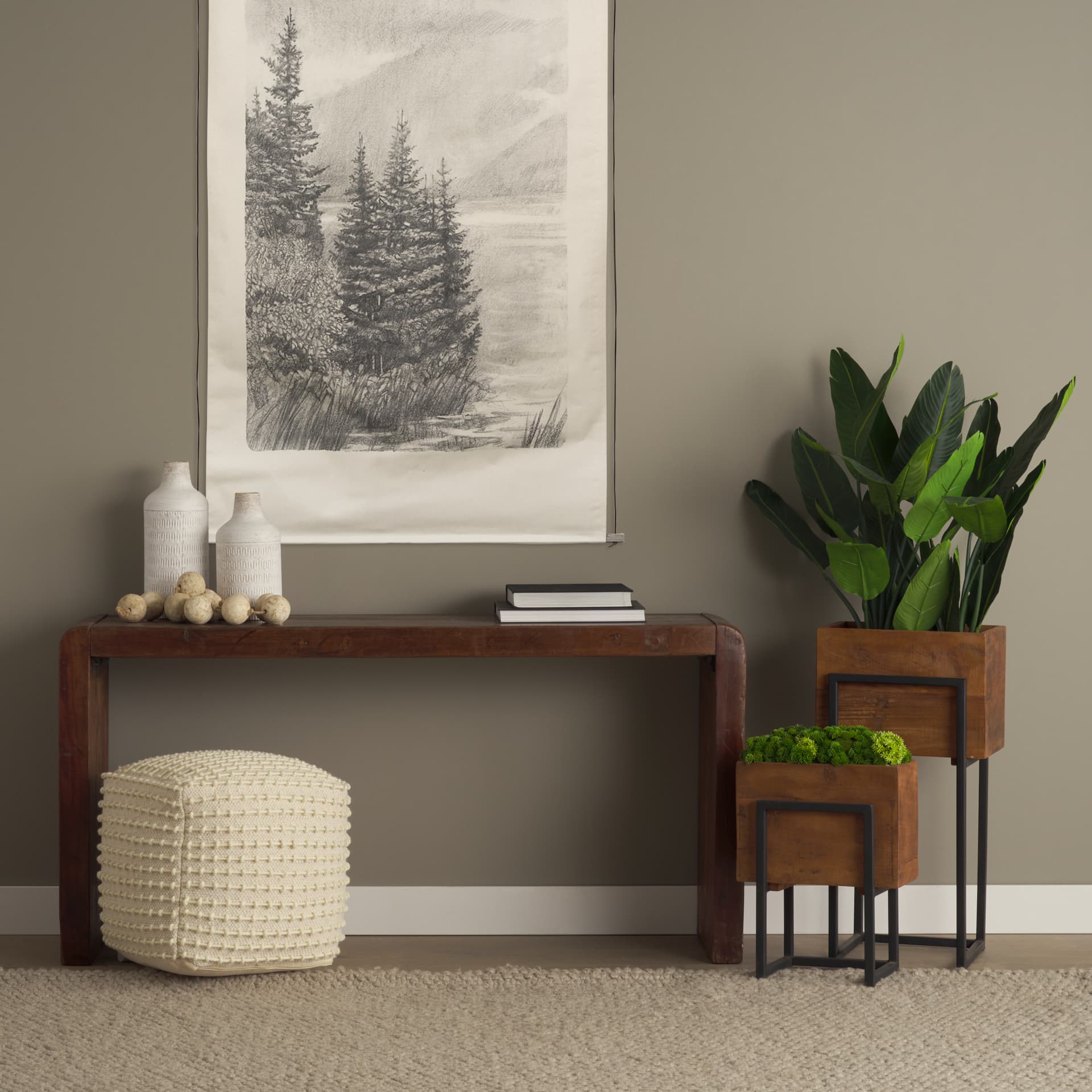 Sakaye Beige w/ Cream Stitched Patterned Pouf — in a styled room