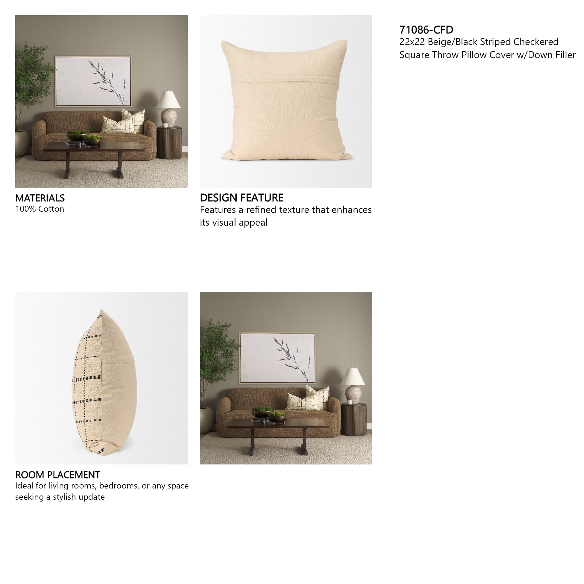 Jaela 22x22 Beige/Black Striped Checkered Square Throw Pillow Cover w/Down Filler — in a styled room
