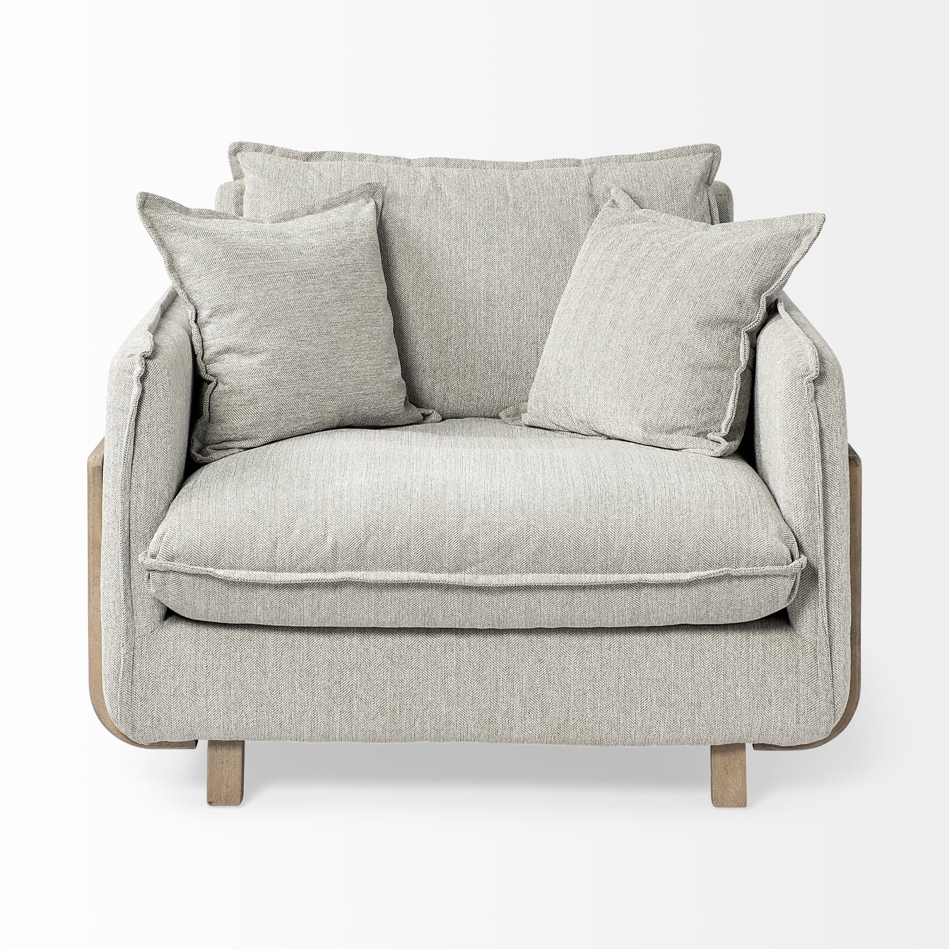 Roy II Frost Gray Upholstered and Brown Wood Frame Arm Chair — product photograph