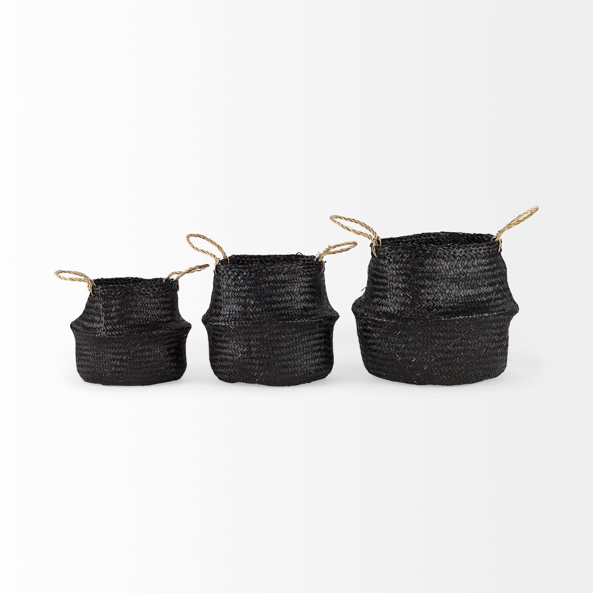 Ella (Set of 3) Black Seagrass Basket W/ Light Brown Handles — product photograph