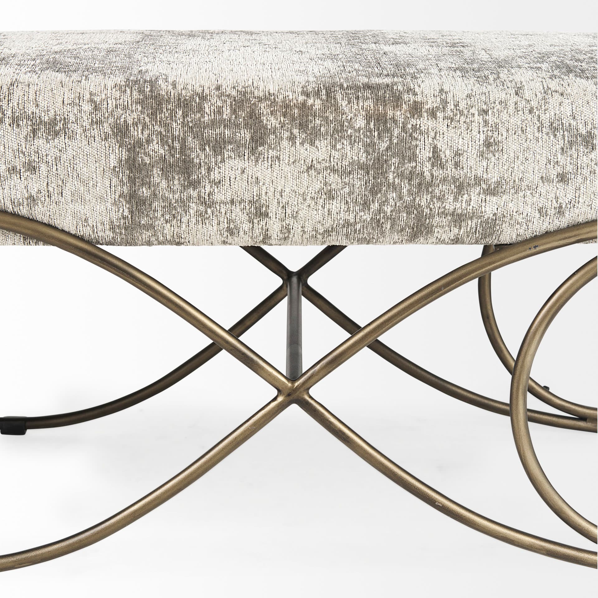 Ayla 55L x 17.6W x 18H Light and Dark Gray Fabric Seat W/ Antique Gold Metal Frame Bench — product photograph