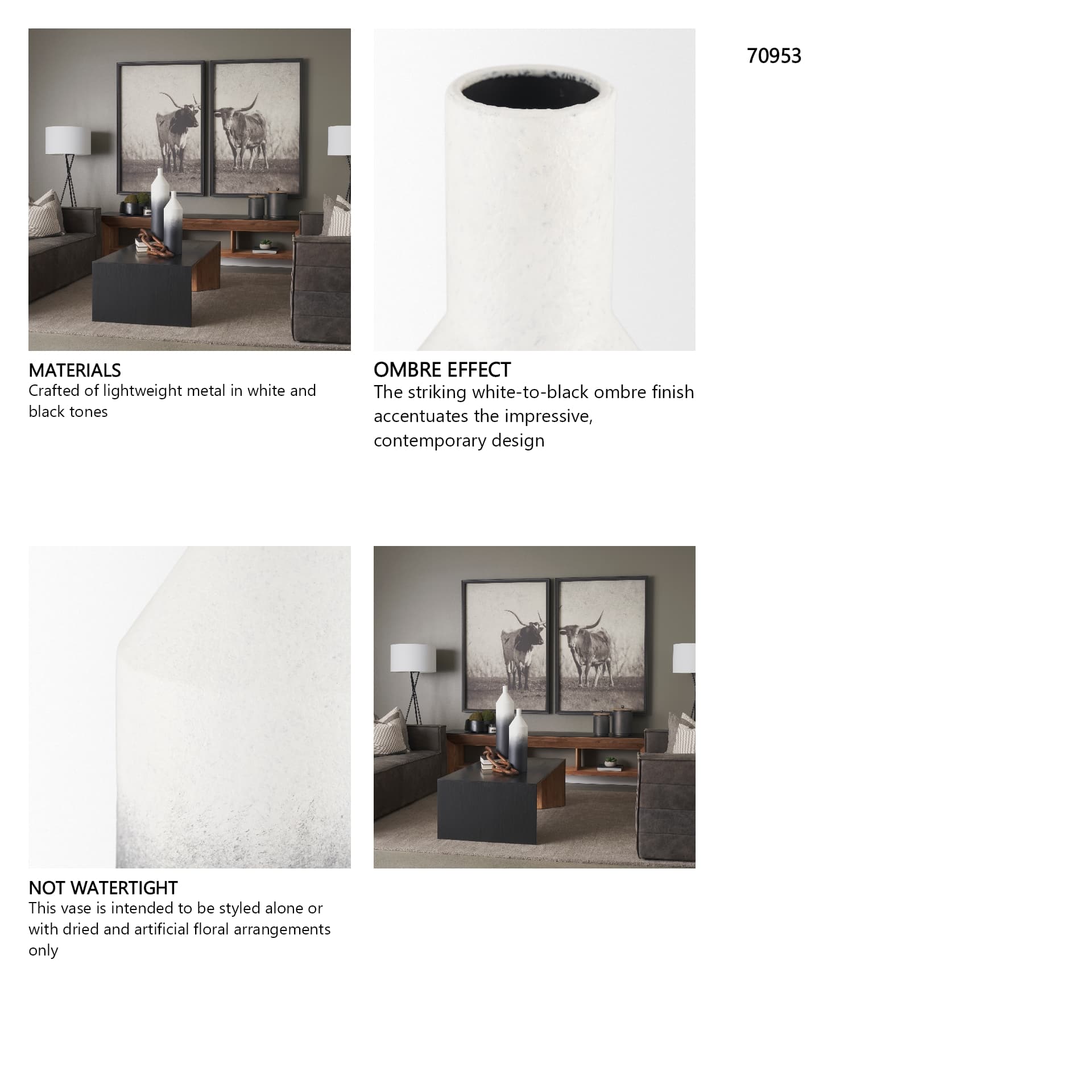 Townley Small White w/ Black Ombre Metal Vase — in a styled room