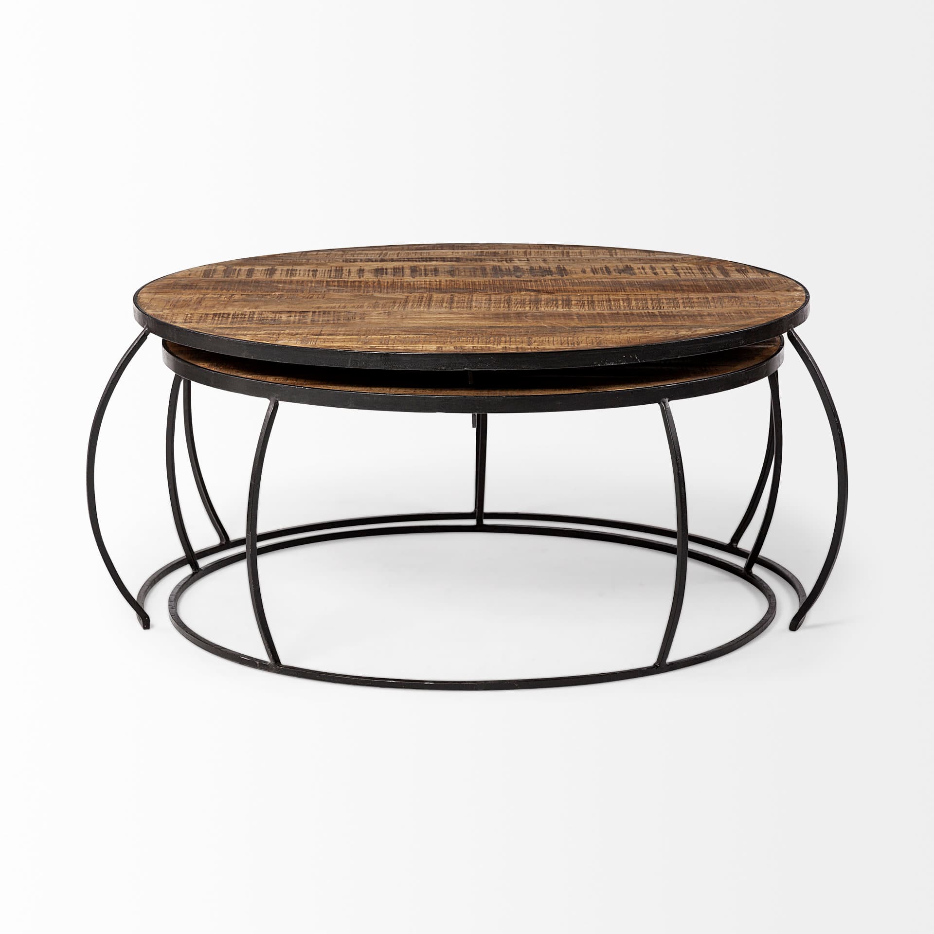 Clapp I Set of 2 (41" & 38") Round Brown Wood Top Black Iron Base Nesting Coffee Tables — product photograph