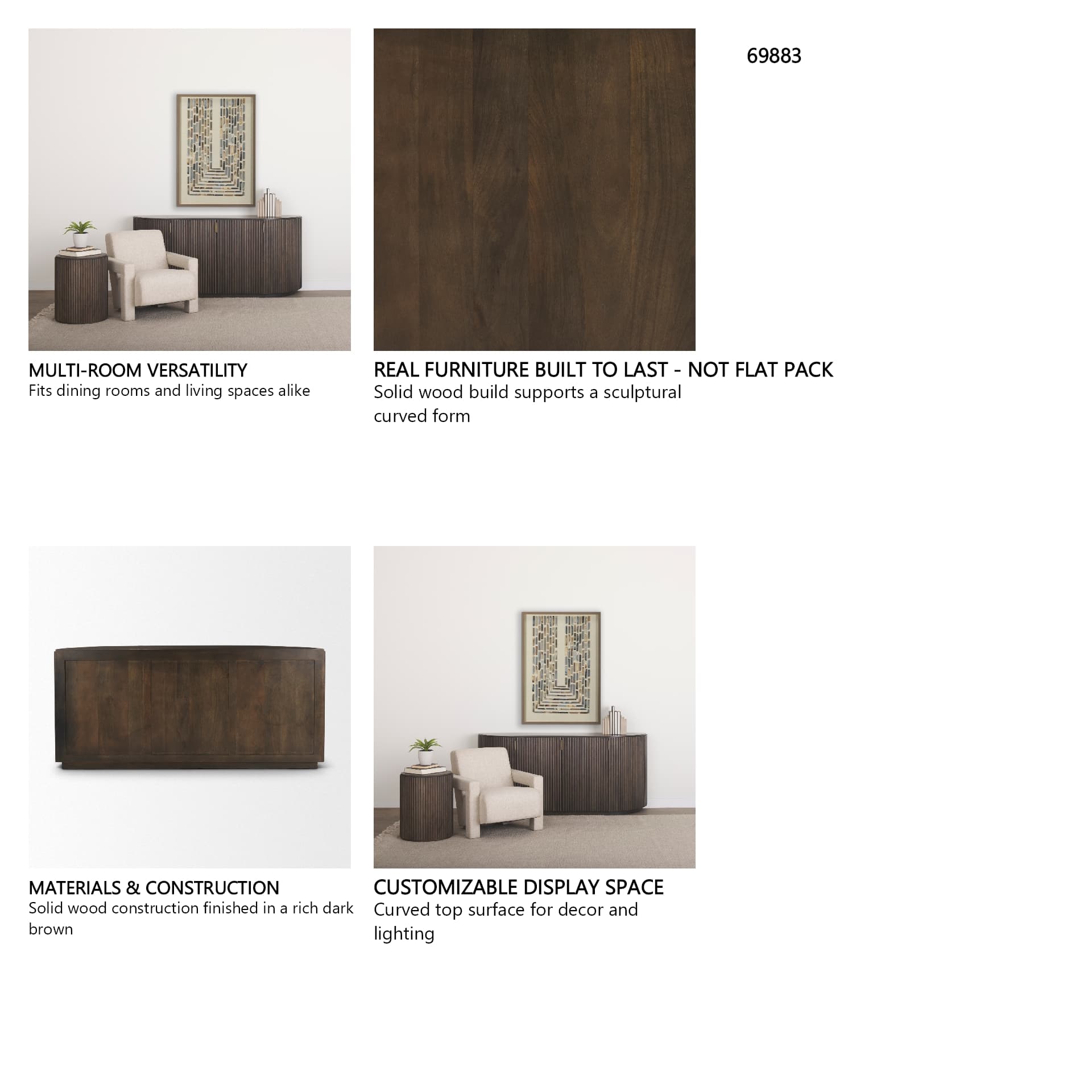 Terra 72L x 18W x 32H Dark Brown Wood Fluted Sideboard — in a styled room