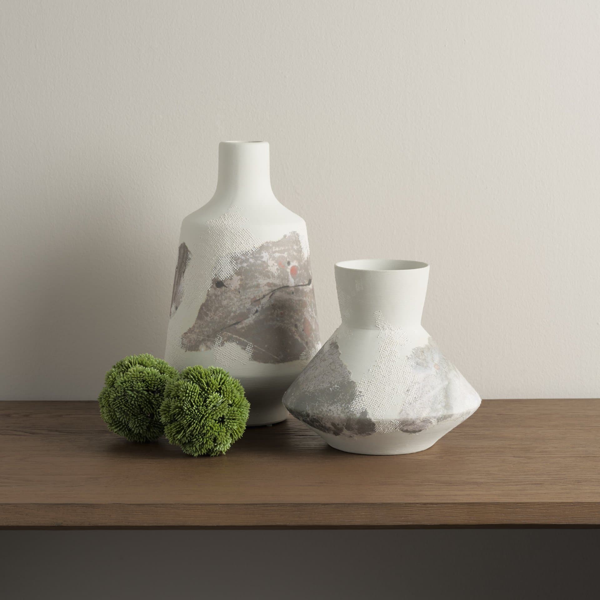 Velo 11.8H White w/Green Hand-Painted Terracotta Decorative Vase — in a styled room