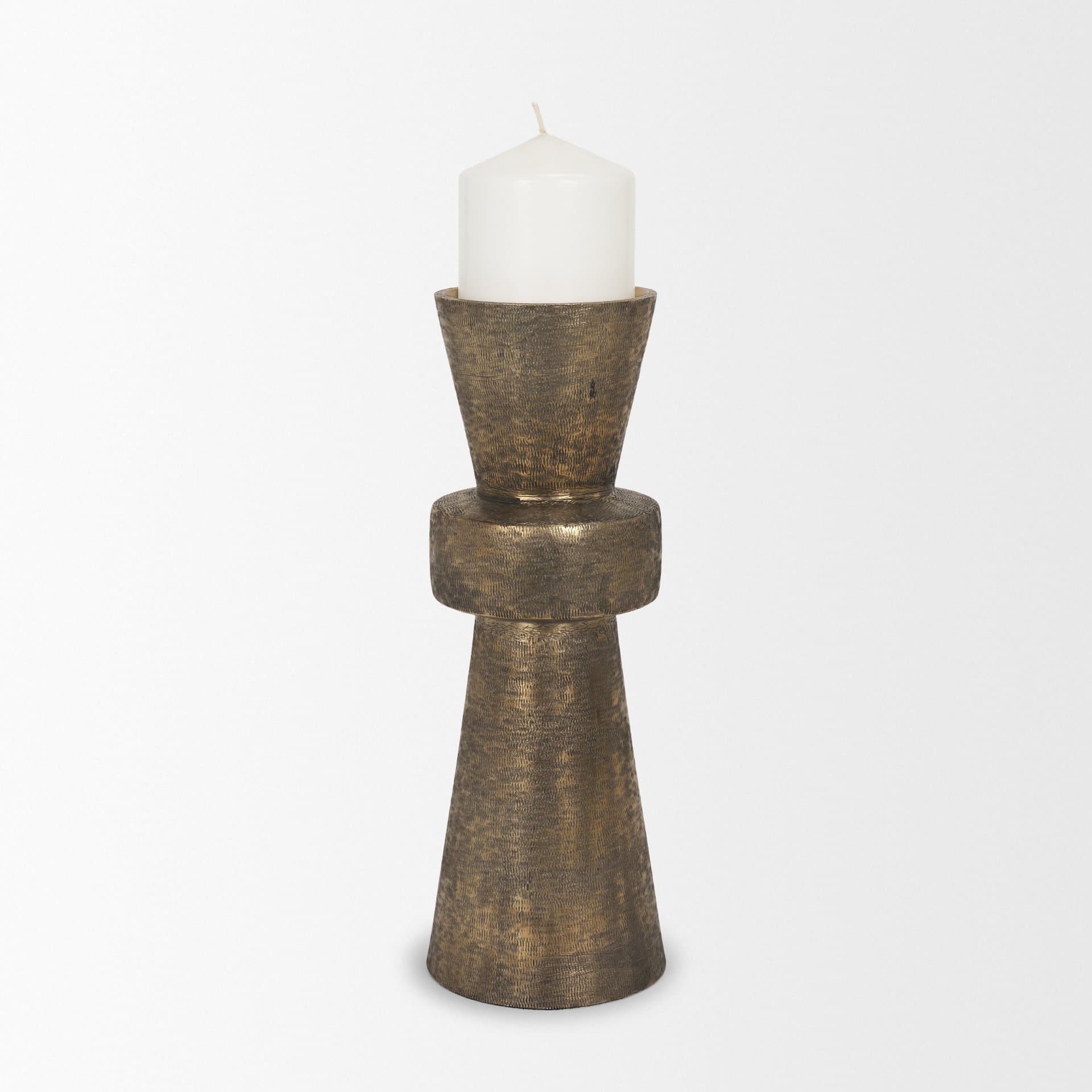 Odilia Large Textured Antiqued Gold Metal Geometric Pillar Candle Holder — product photograph