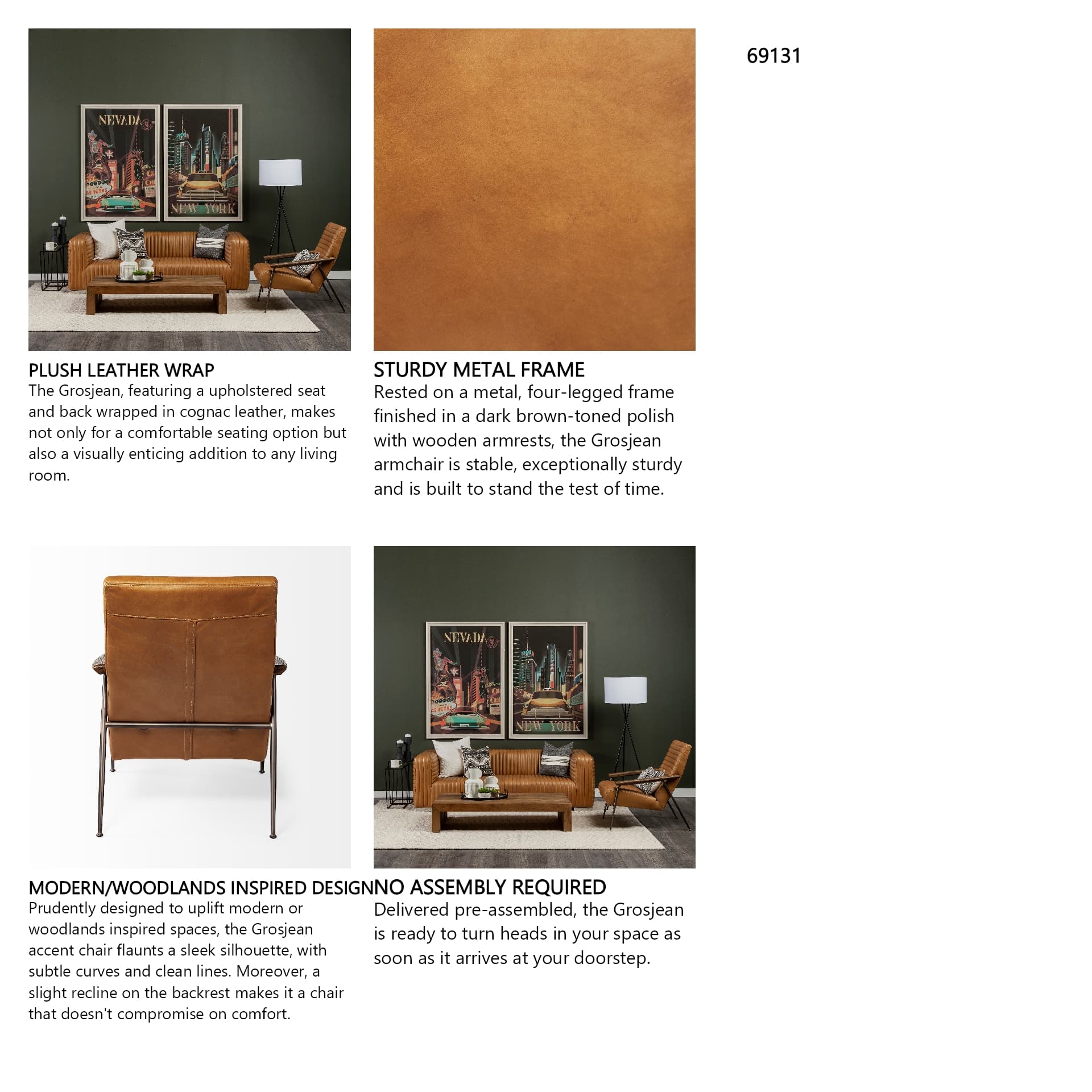 Grosjean Brown Leather Wrap Metal Frame Accent Chair — in a styled room