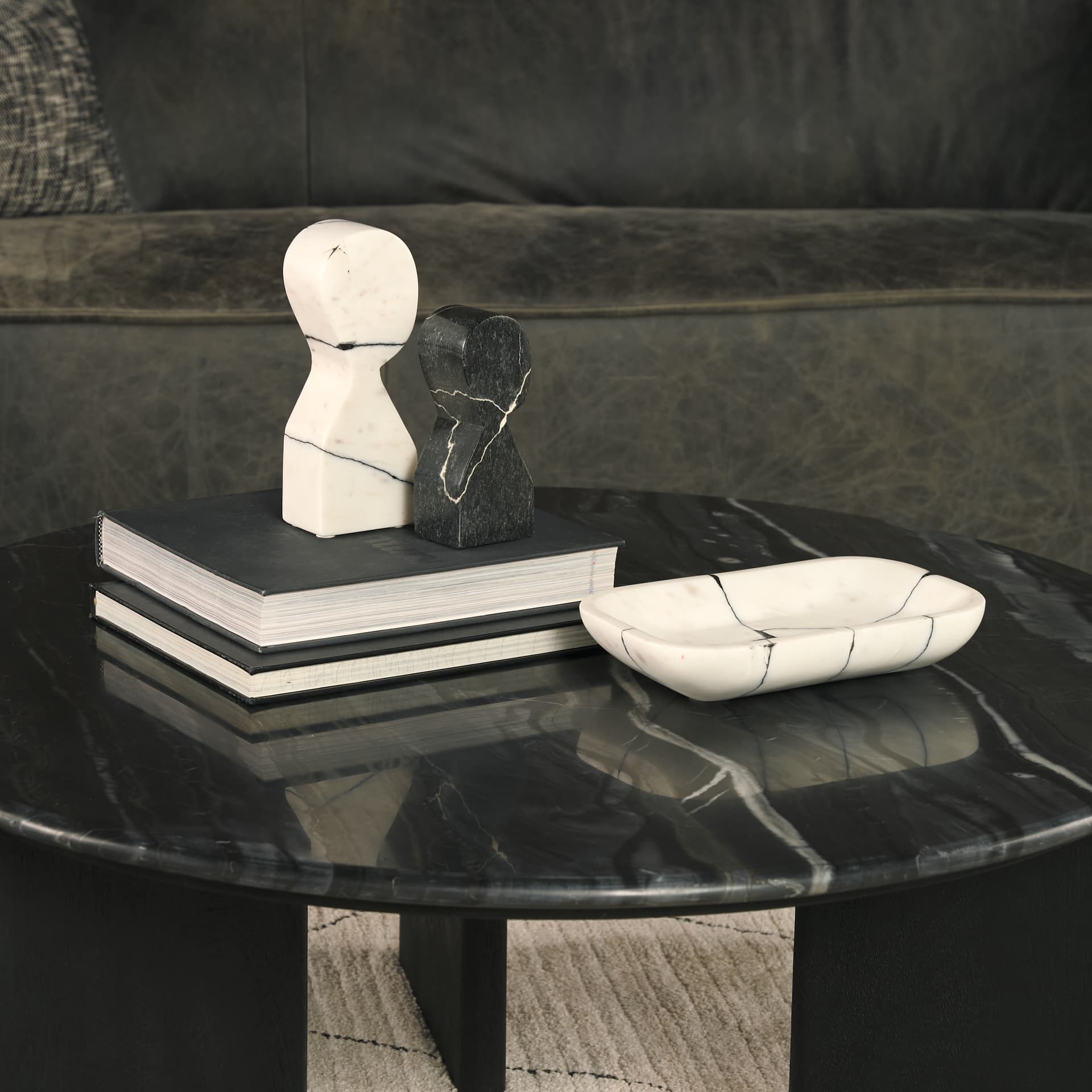 Shadow White & Black Marble Bookends — in a styled room