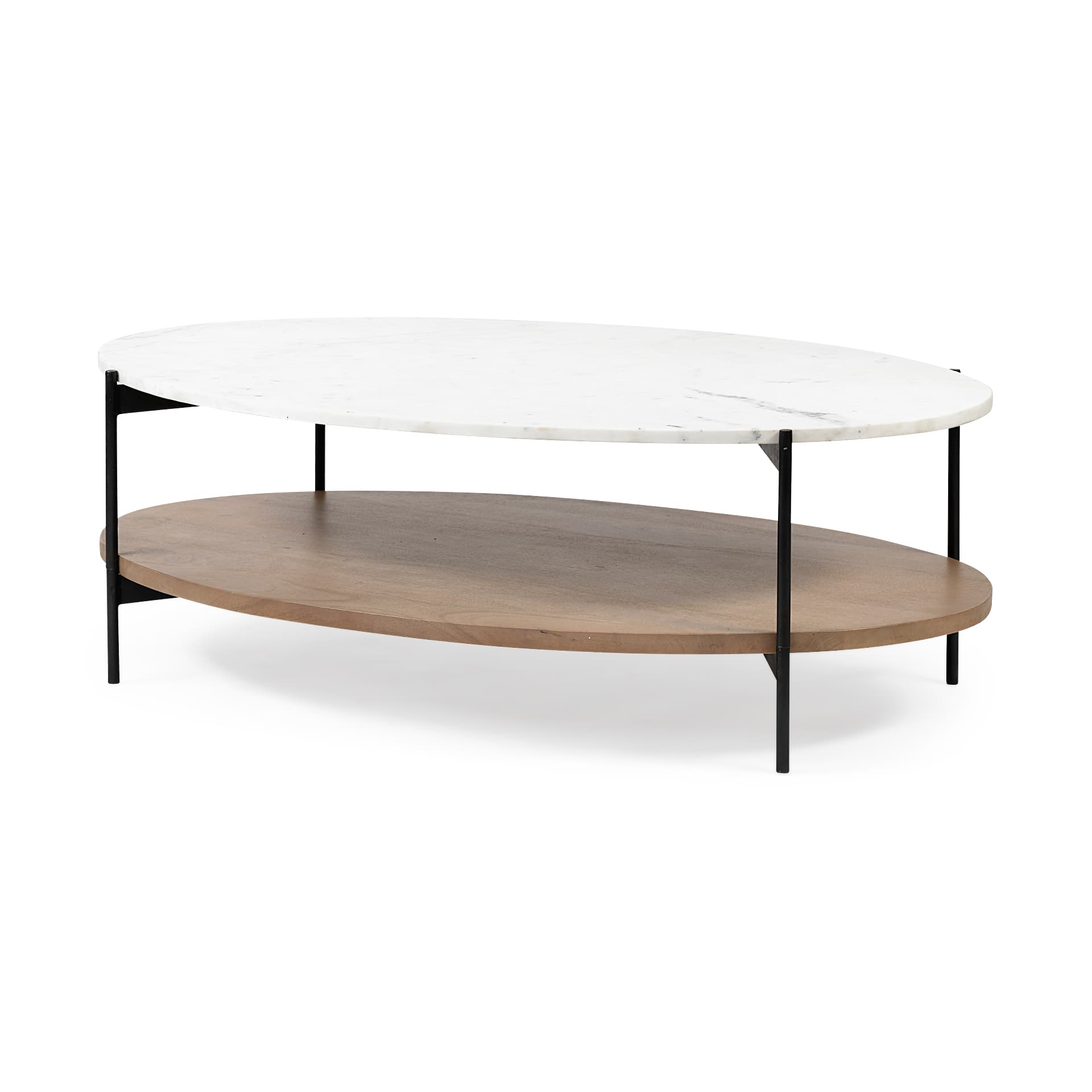 Larkin 48" Oval White Marble Top and Solid Wood Shelf w/ Black Metal Frame Coffee Table — product photograph