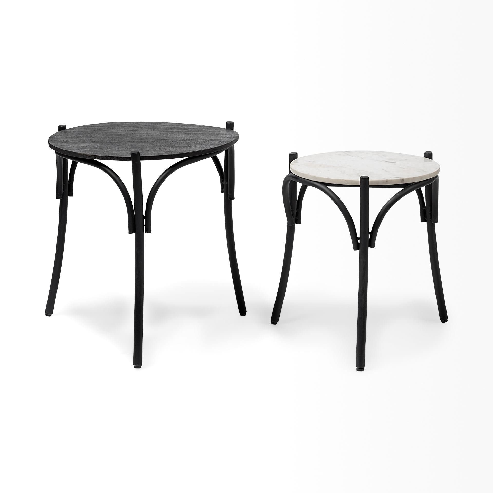 Etienne VII 24" Set of Two Round Top Black Wood and Marble Top Nesting Table — product photograph