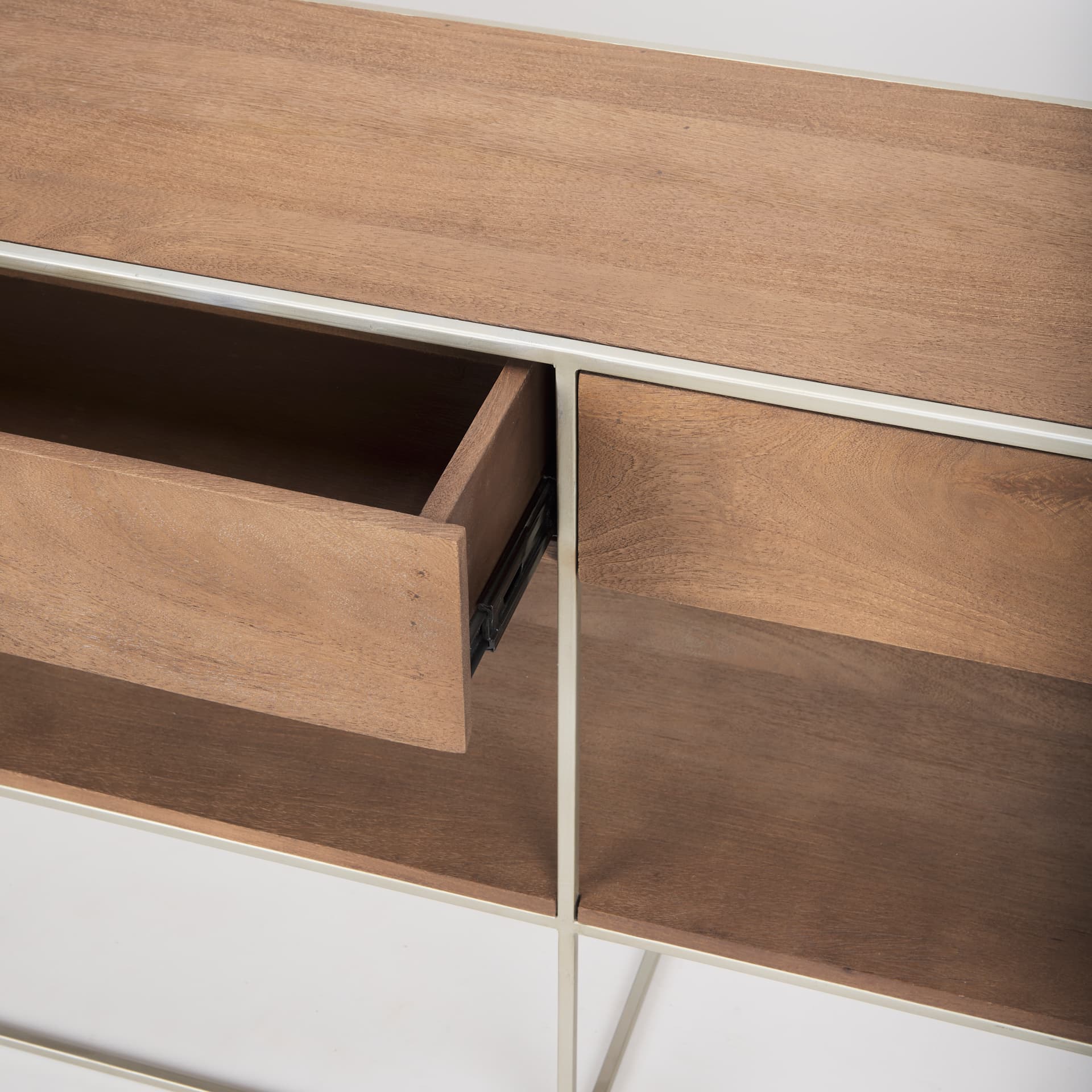Morris I 63L x 15W x 31H Brown Wood w/ Silver Metal Frame 2 Drawer Console Table — product photograph