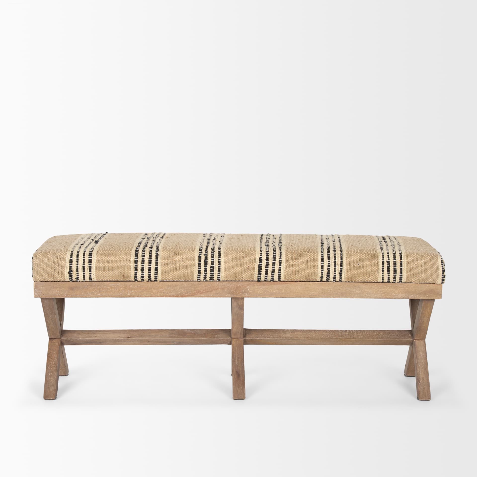 Solis 50L x 16W Brown Base Upholstered Beige/Black Stripe Seat Accent Bench — product photograph