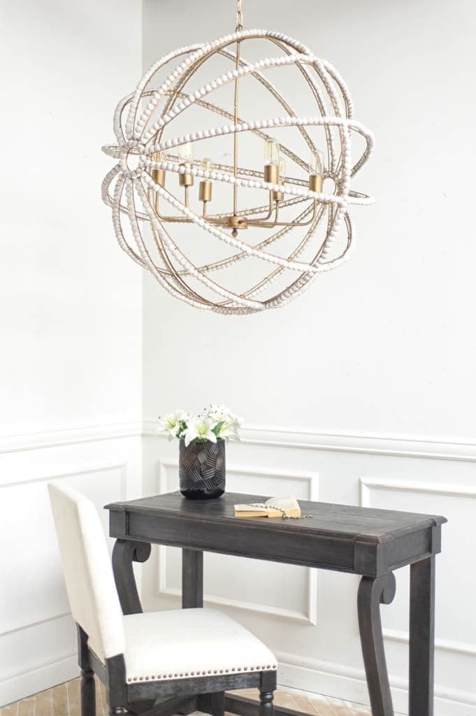 Ava White (34"D) Gold Metal and White Wood Beaded Six Bulb Chandelier — product photograph