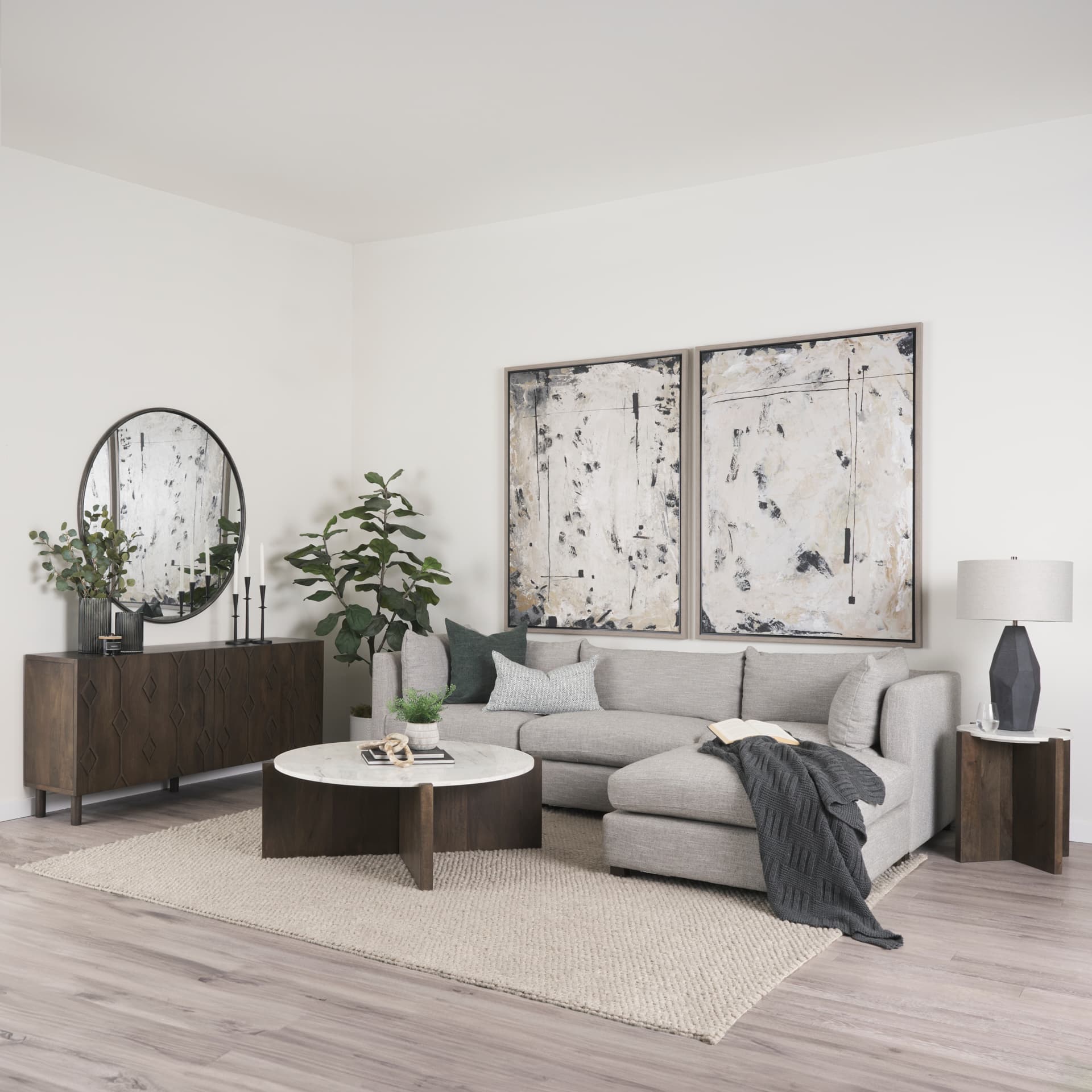 Bianca Dark Brown Wood w/ Marble Round Top Coffee Table — in a styled room