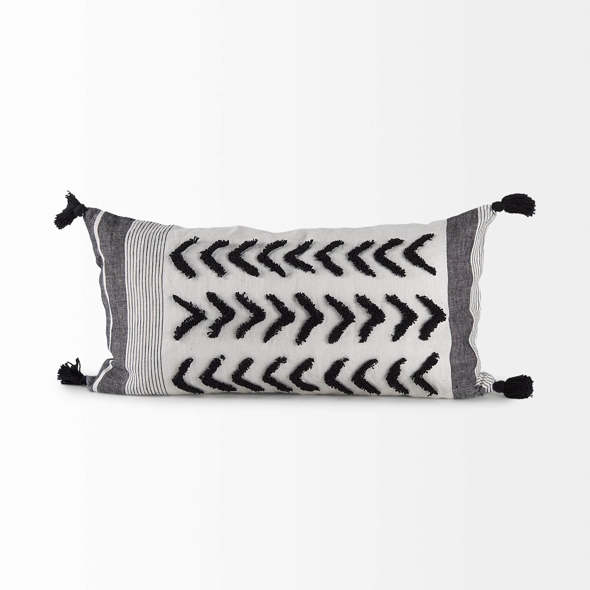Kimia 14x26 White/Black Fabric Herringbone w/Fringed Pillow Cover — product photograph