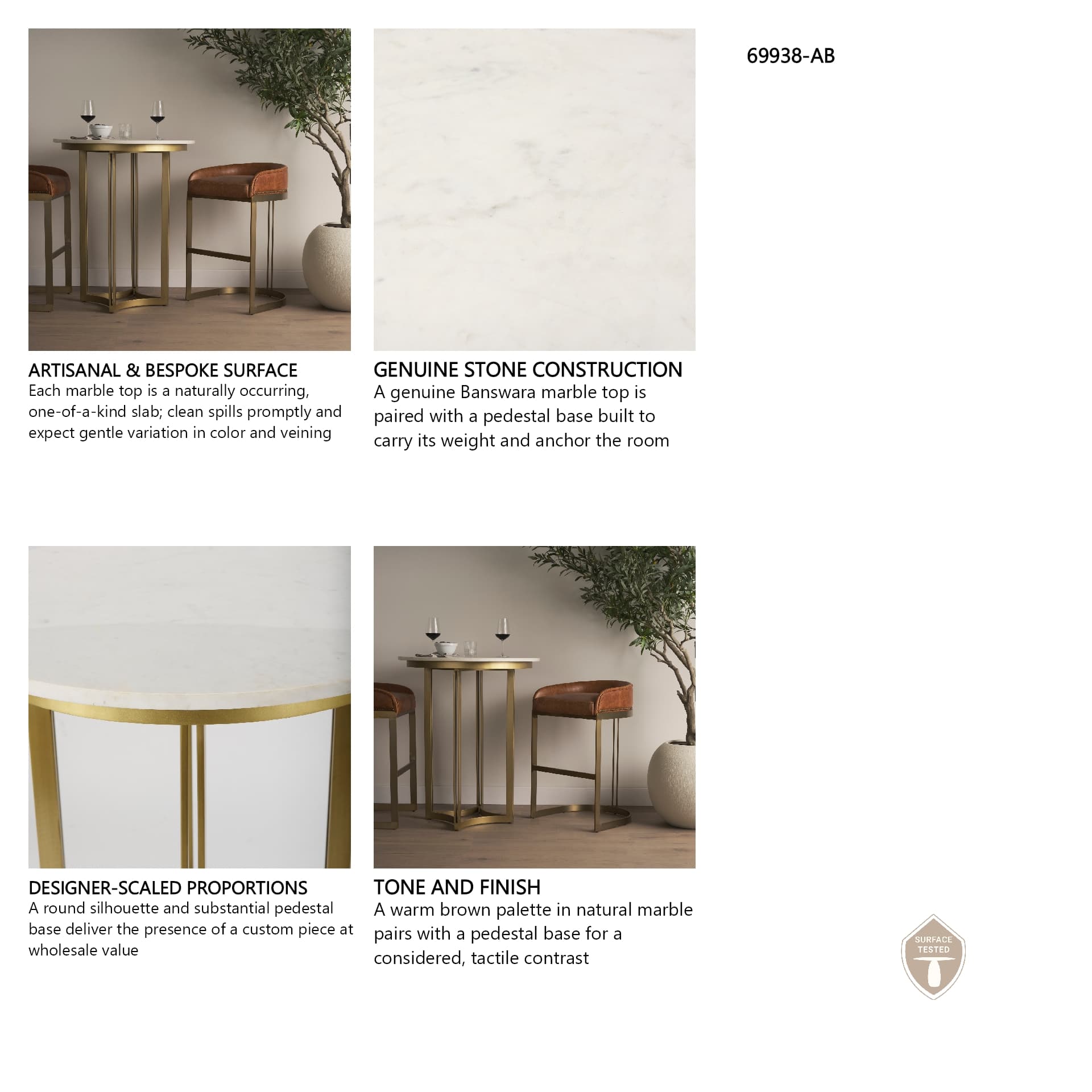 Tanner 32"L x 32"W Pedestal Dining Table | White Marble & Matte Gold | Seats 2 — in a styled room