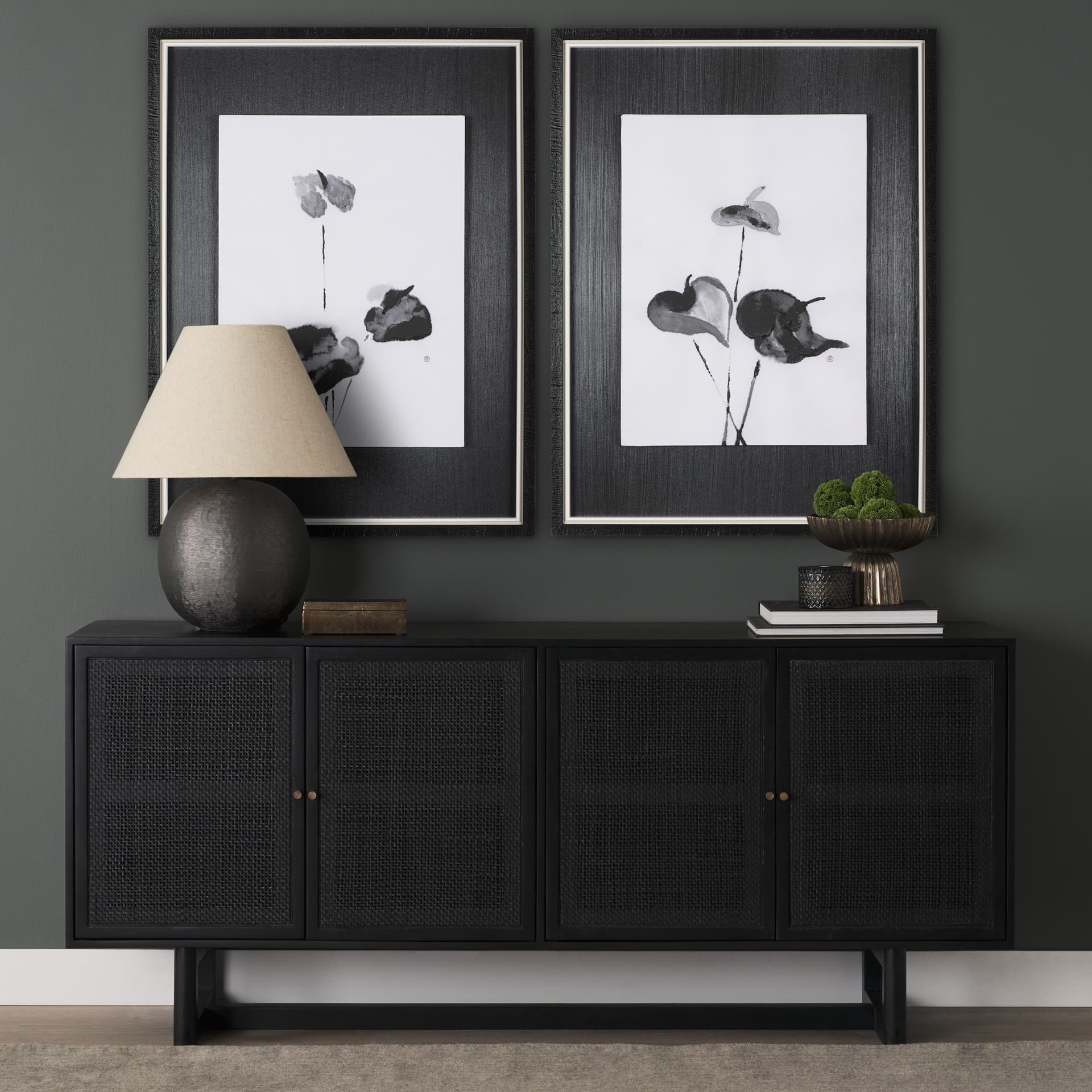 Peace Lily I by Mercana Studio a Hand Embellished Textured Framed Art Print — in a styled room