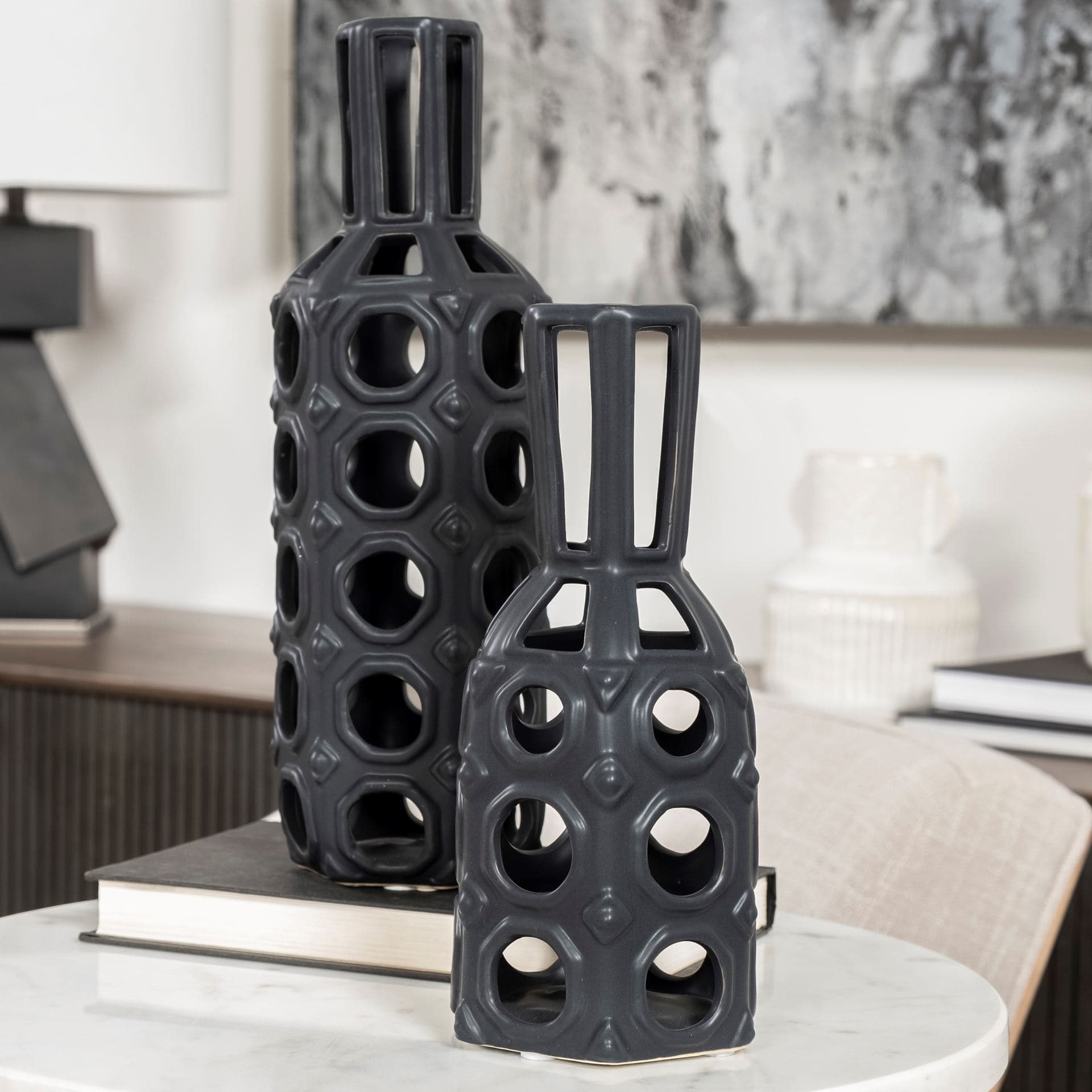 Brunel Small Black Drum-Shaped Ceramic Vase — product photograph