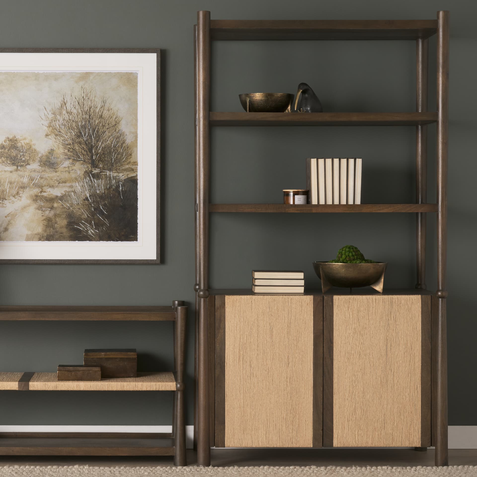 Bondi 2 Door Open Dark Brown Wood w/ Paper Rope Shelving Unit — product photograph