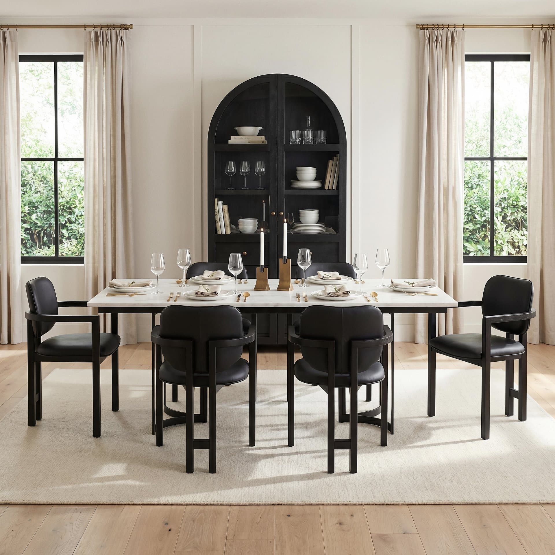 Tanner 71"L x 35"W Rectangular Pedestal Dining Table | Modern | White Marble & Black Metal | Seats 6 — product photograph