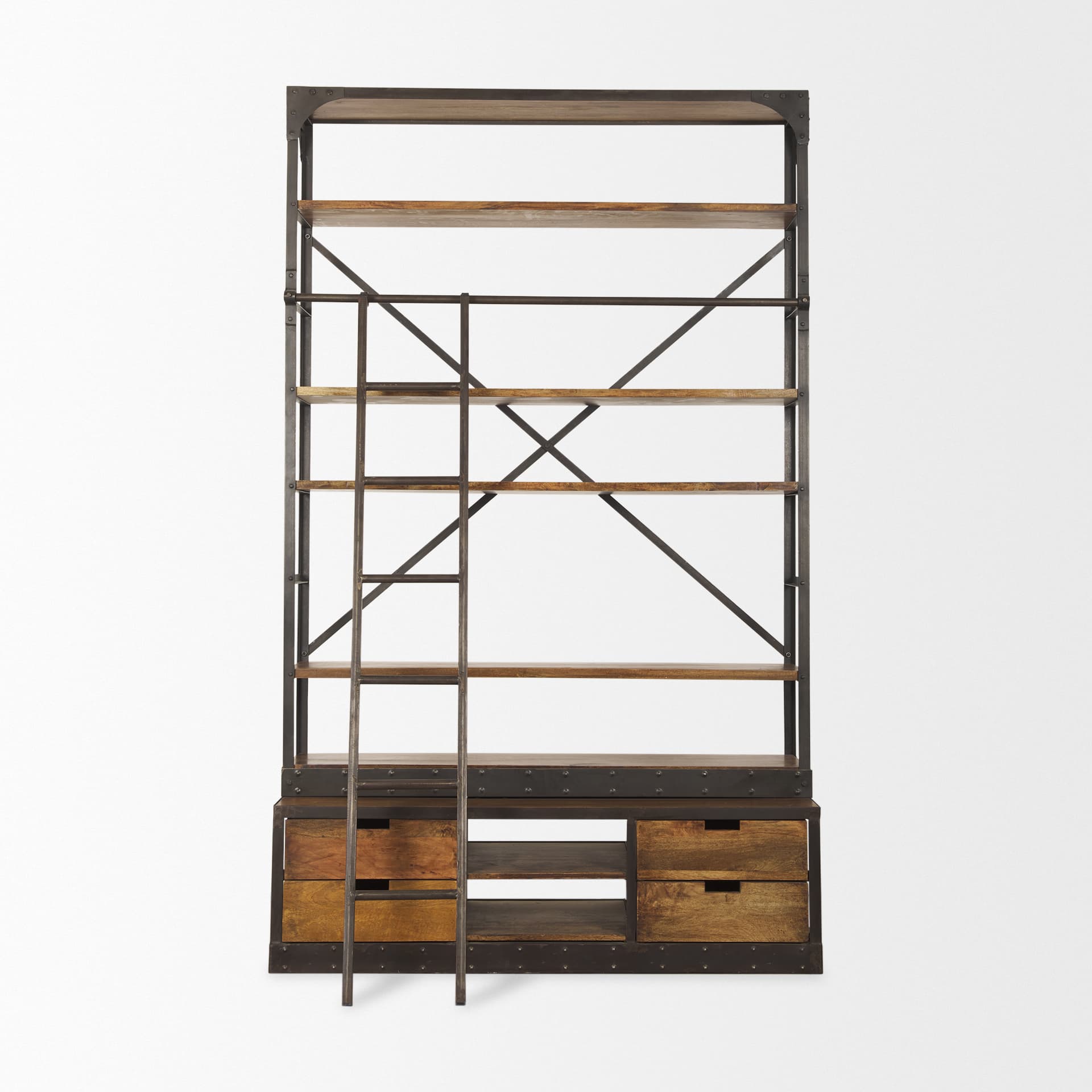 Brodie II Medium Brown Wood Black Ladder Four Shelf Shelving Unit 57L x 20.5W x94H — product photograph