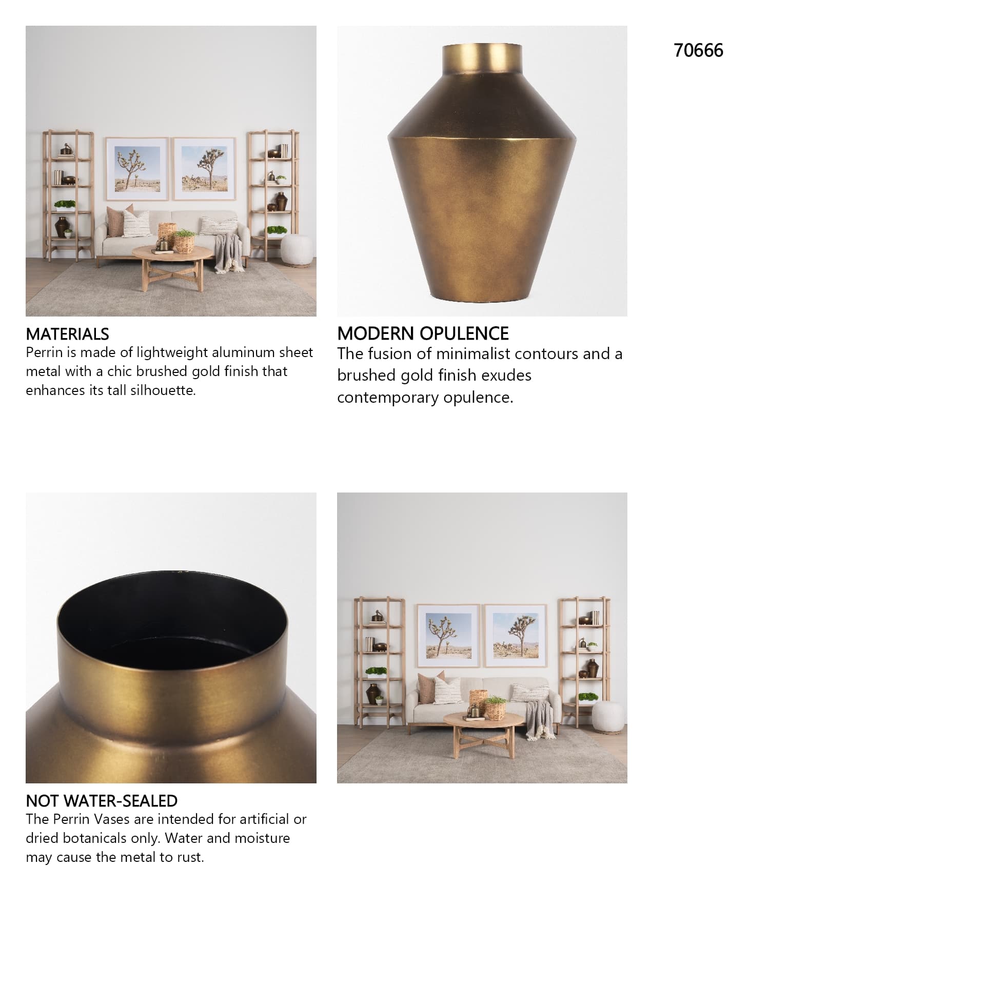 Perrin Large Brushed Gold Metal Decorative Vase — in a styled room