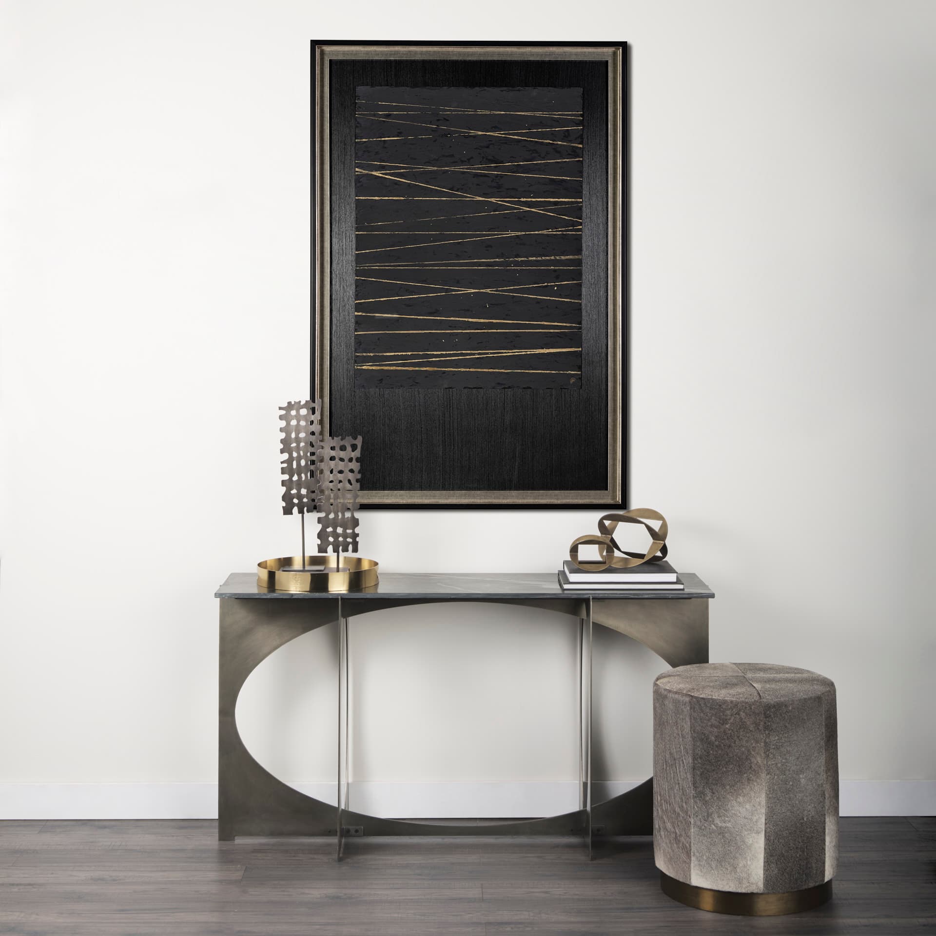 OM-Gold Lines by Studio M a handmade Original Framed Artwork under Glass — in a styled room