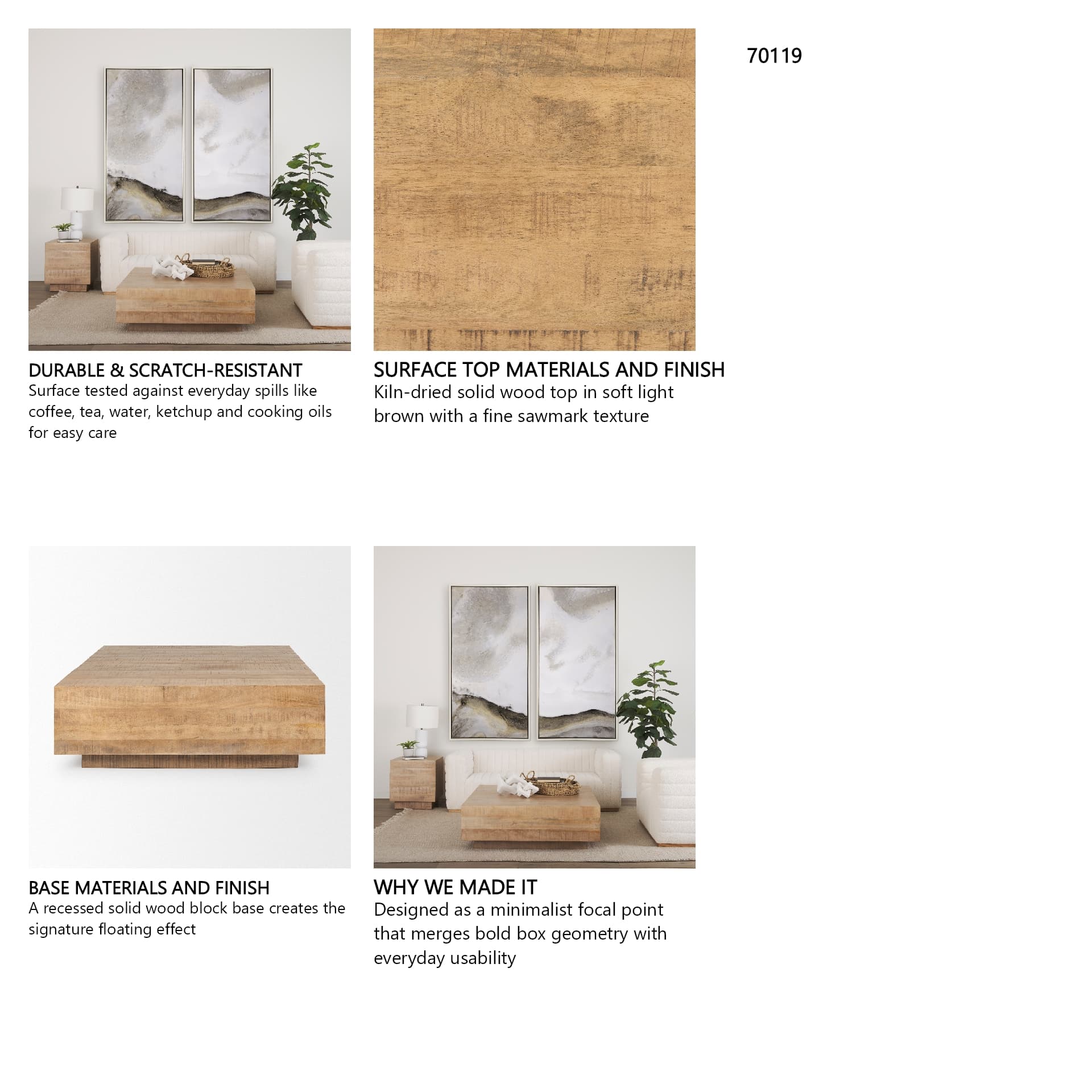 Hayden Light Brown Wood Square Coffee Table — in a styled room