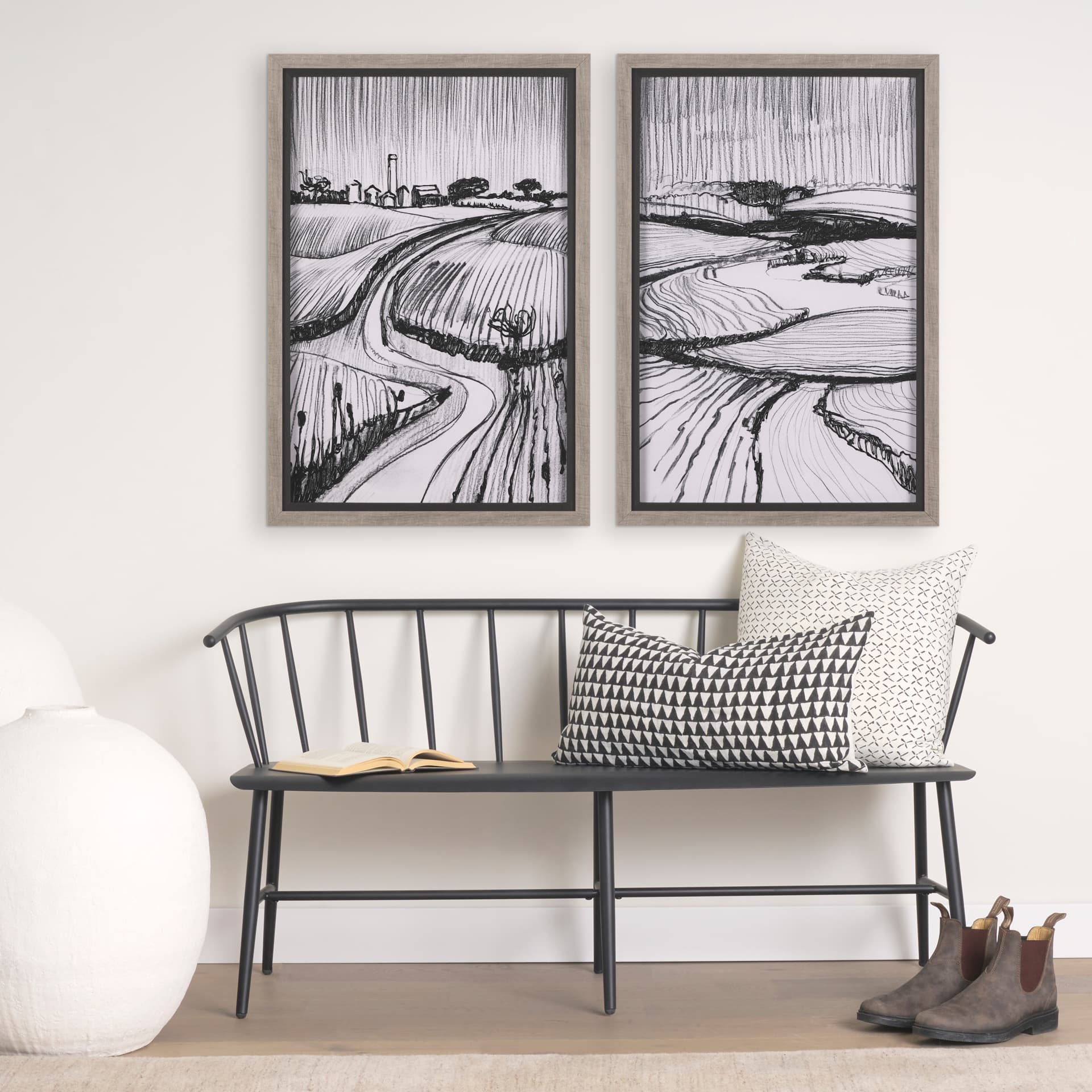 Rural Sketch-I by Mercana Studio a Hand Embellished Textured Framed Art Print — in a styled room