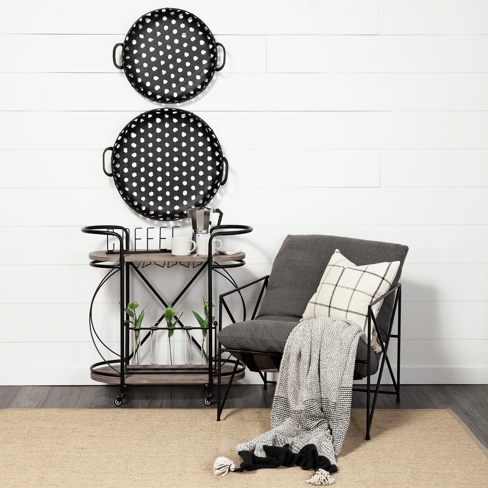 Coffee 15L x 1W Black Metal Sign — in a styled room