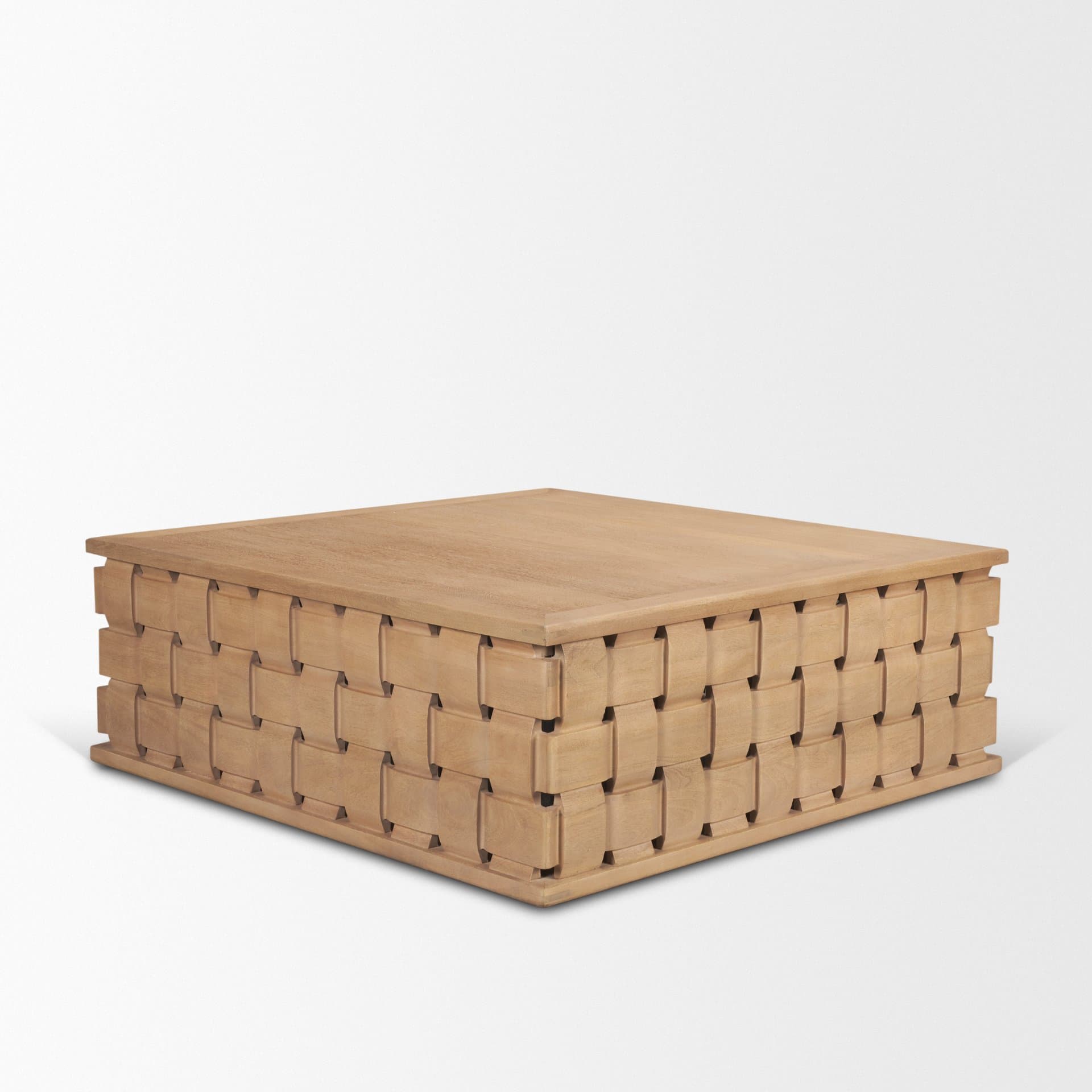 Trellyn 48" Light Brown Wood w/ Carved Woven Base Square Coffee Table — product photograph