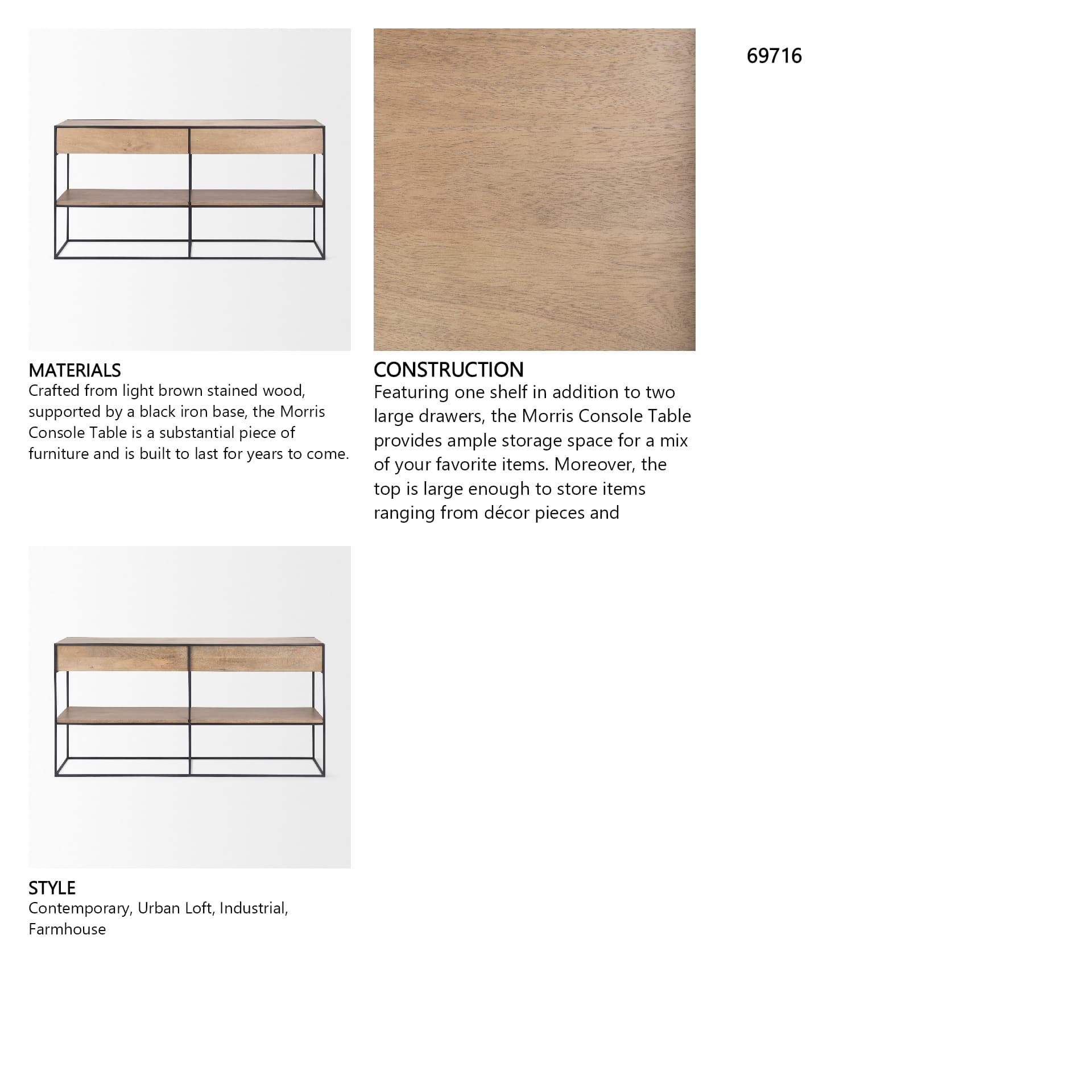 Morris 63.0L x 15.0W x 31.0H Beige Wood w/ Black Metal Frame 2 Drawer Console Table — in a styled room