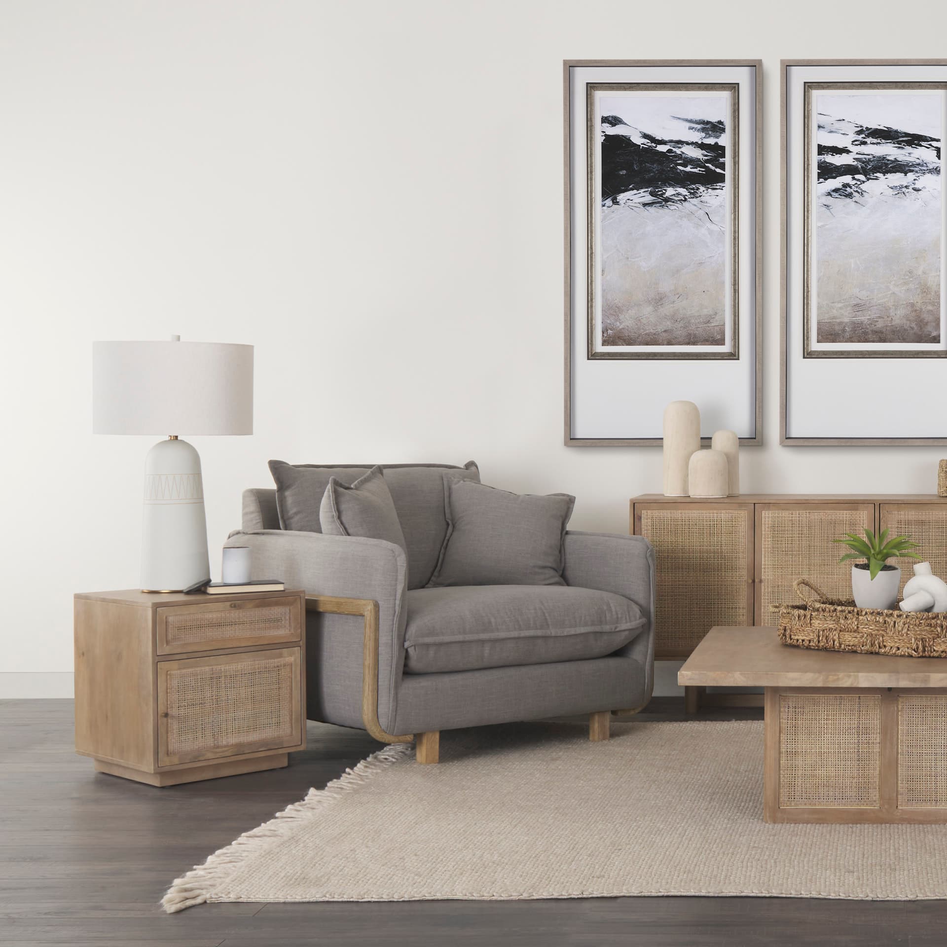 Roy II Flint Gray Upholstered and Brown Wood Frame Arm Chair — in a styled room