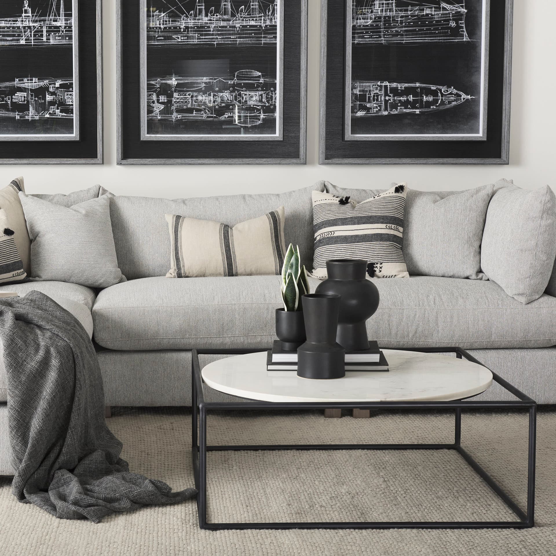 Austen 36L x 36W x 14.5H Round White Marble Top W/ Black Metal Frame Coffee Table — product photograph