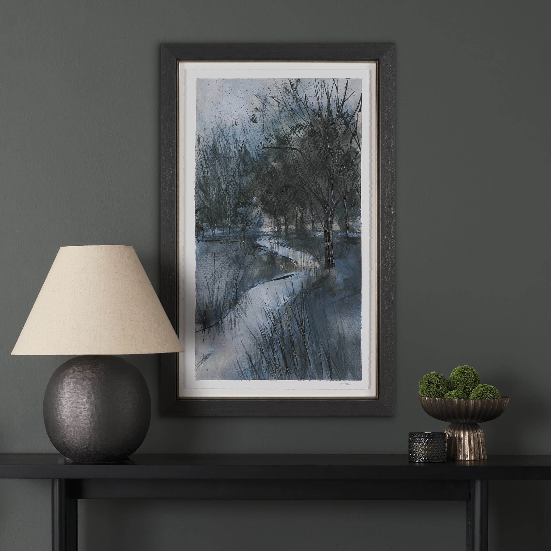 Brook and Willows II by Mercana Studio Hand Embelished Textured Framed Artwork Matted under Glass — in a styled room