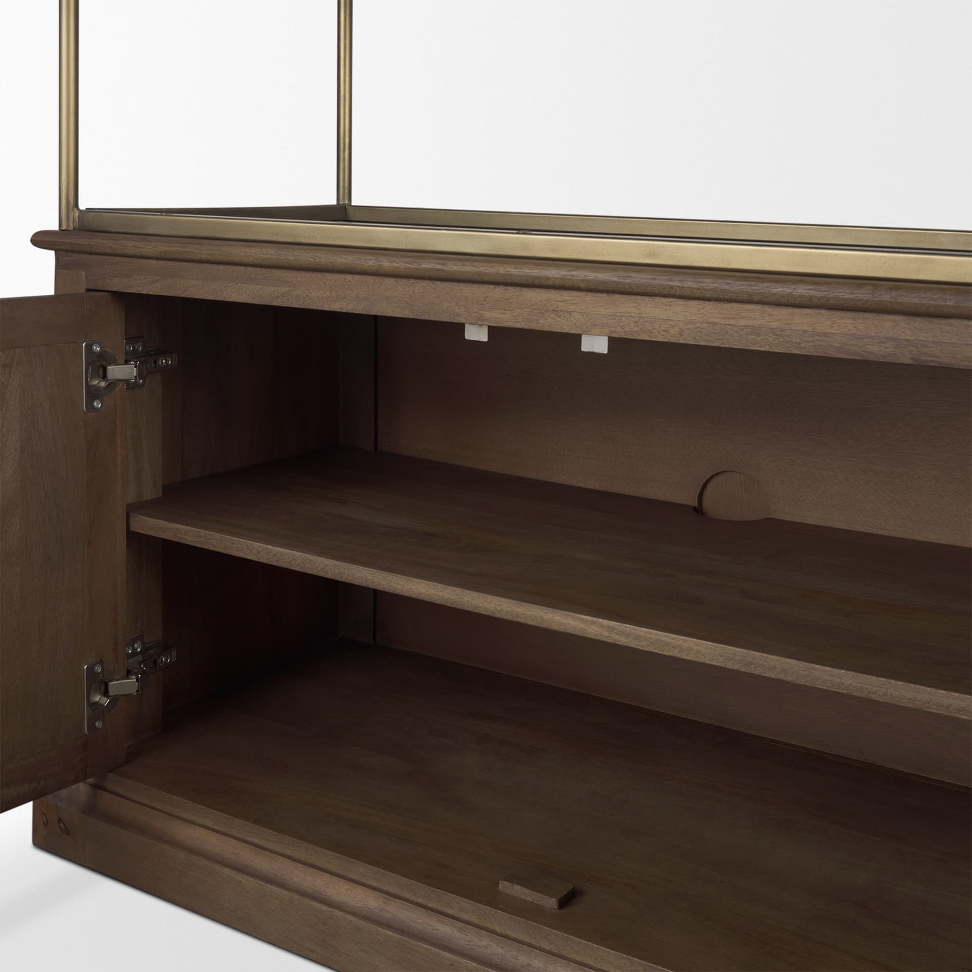 Baron Dark Brown Wood w/ Antiqued Aged Brass Metal 2-Door Open Shelving Unit — product photograph