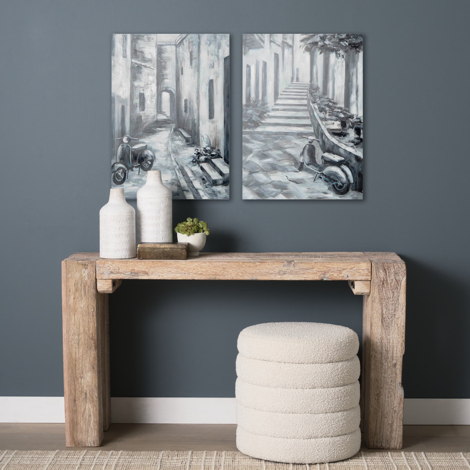 Memory Lanes Diptych Italian Laneway Original Hand Painted on Canvas Oil Painting — in a styled room