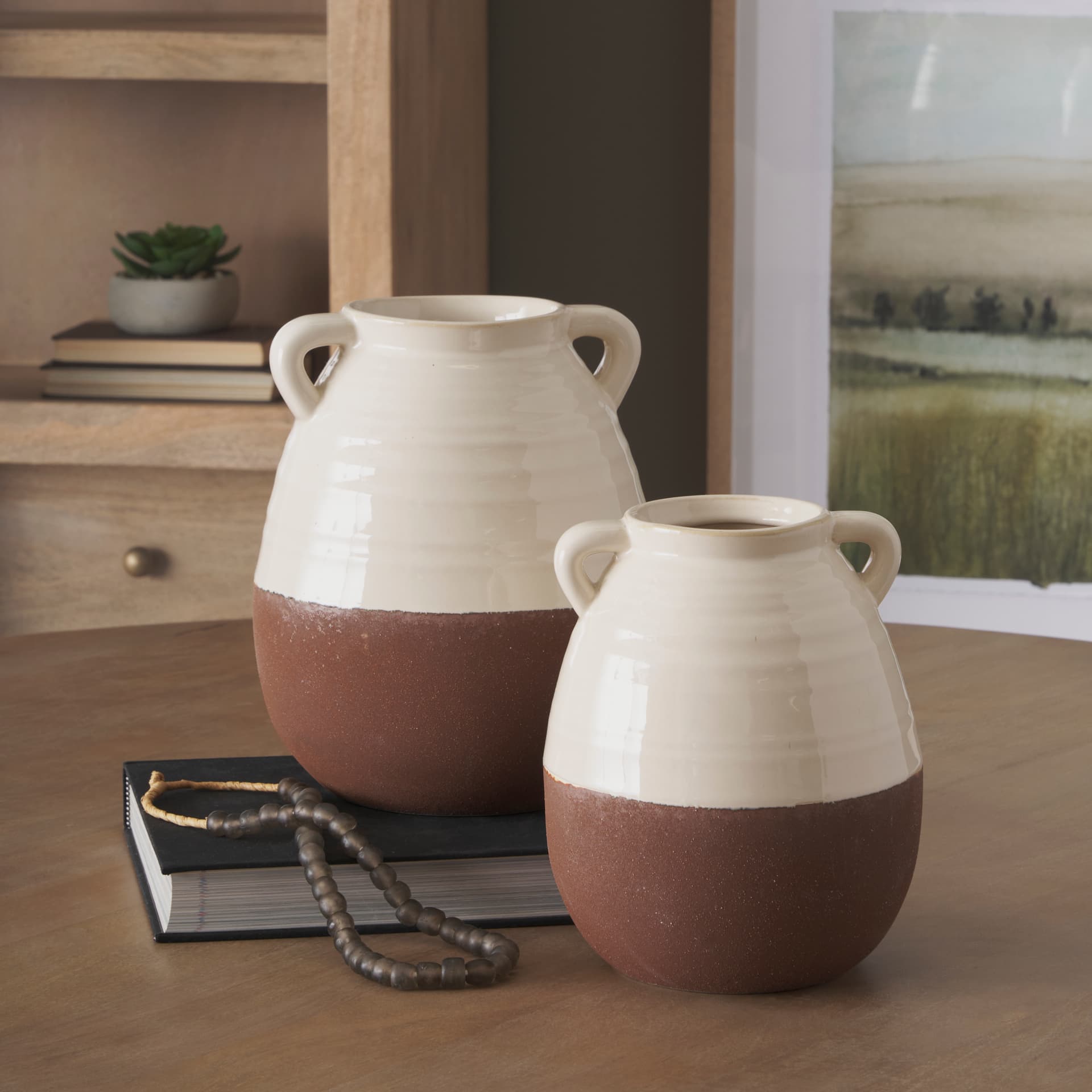 Tryna Small Beige w/ Matte Brown Ceramic Vase — in a styled room