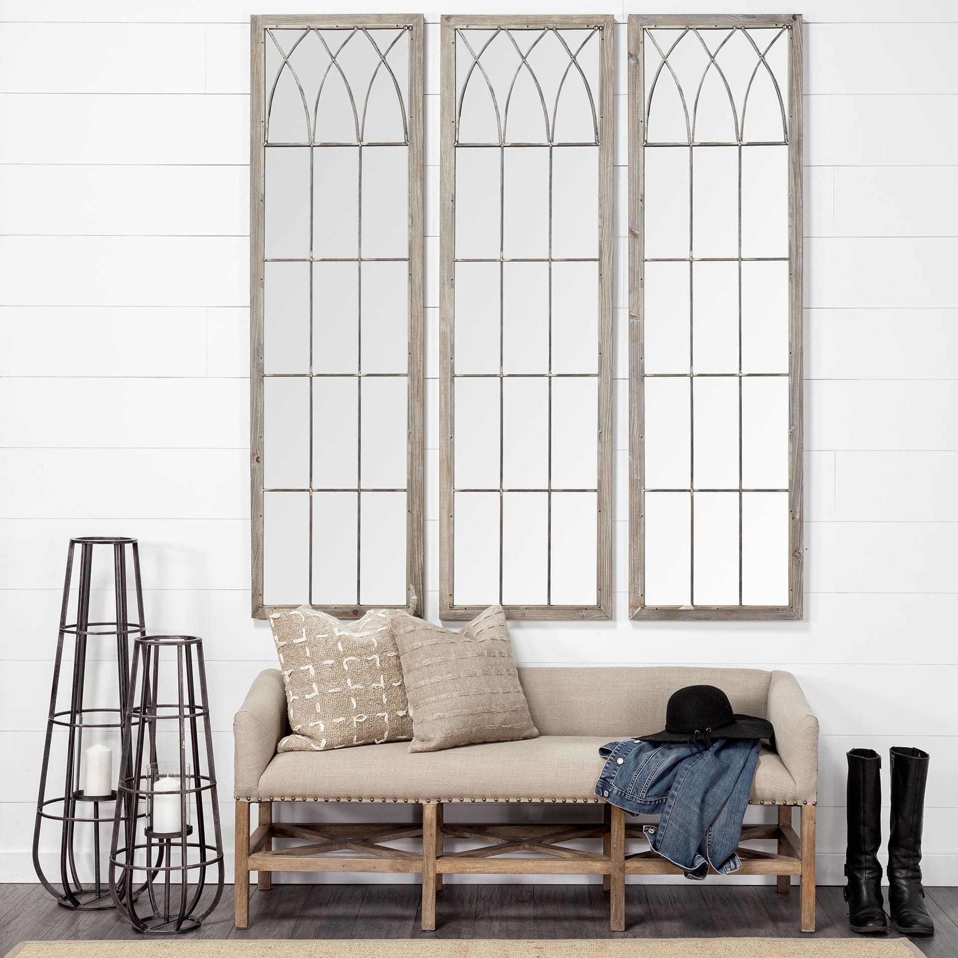 Bergen 60L x 19W Beige Fabric Covered Seat W/Brown Wood Frame Accent Bench — in a styled room