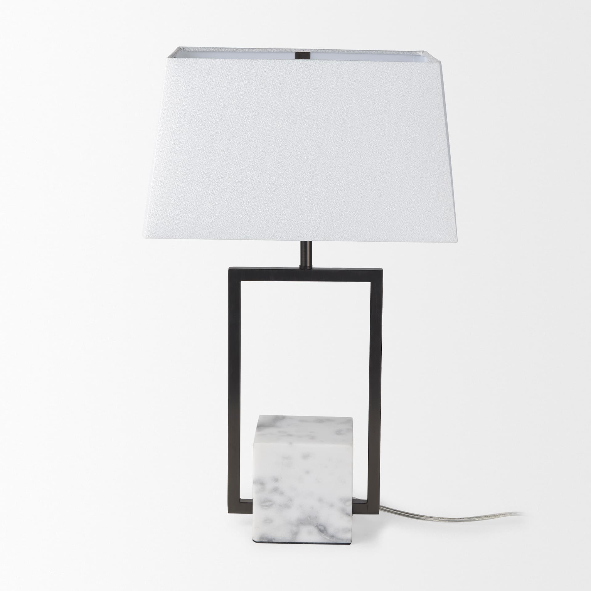Peyton 14.0L x 9.0W x 26.2H Black Metal W/Marble Cube and White Shade Table Lamp — product photograph