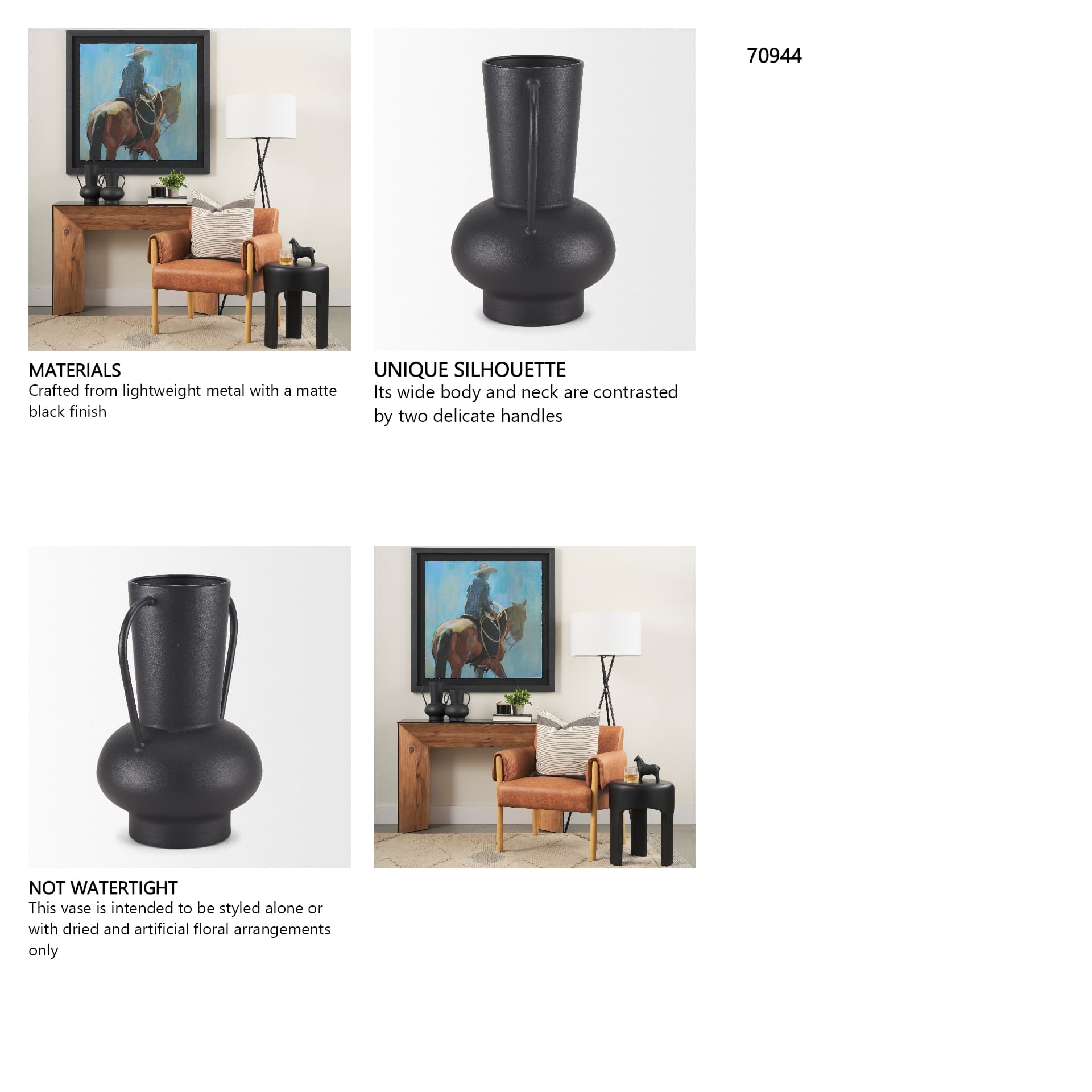 Tasya Large Matte Black w/ Handles Metal Vase — in a styled room