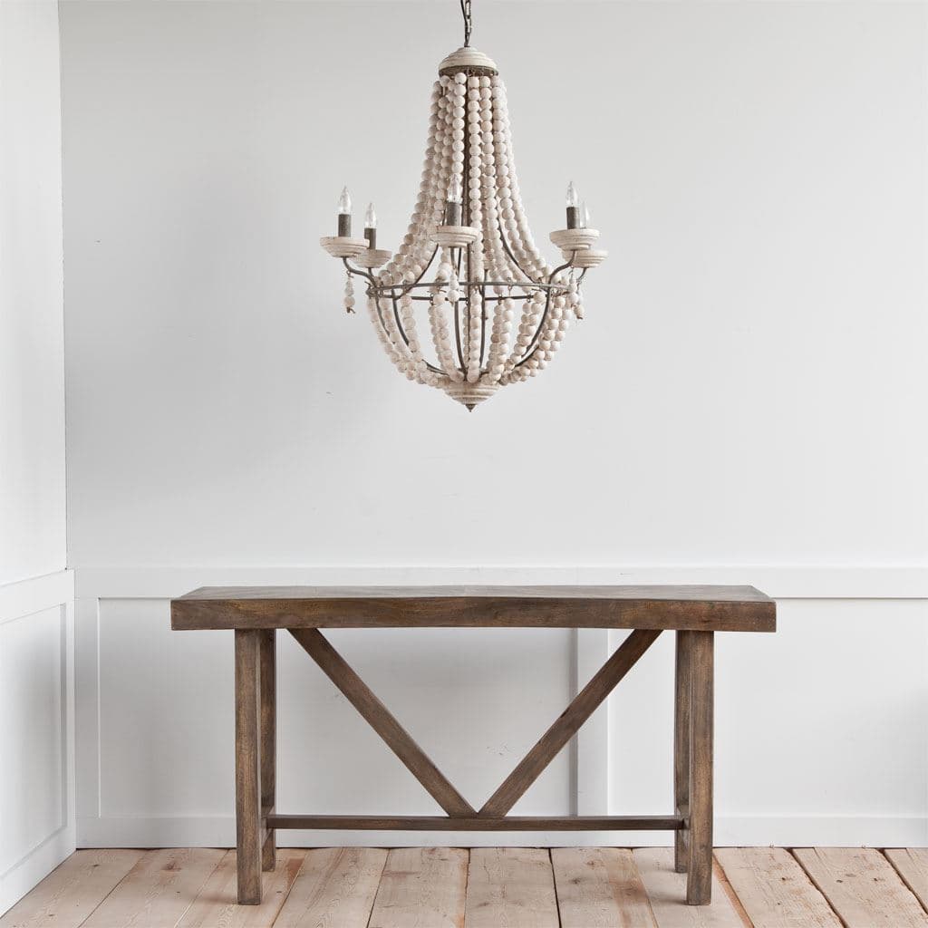 Phillum (29"x37") Silver Metal Chassis and White Wood Beaded Six Bulb Chandelier — product photograph