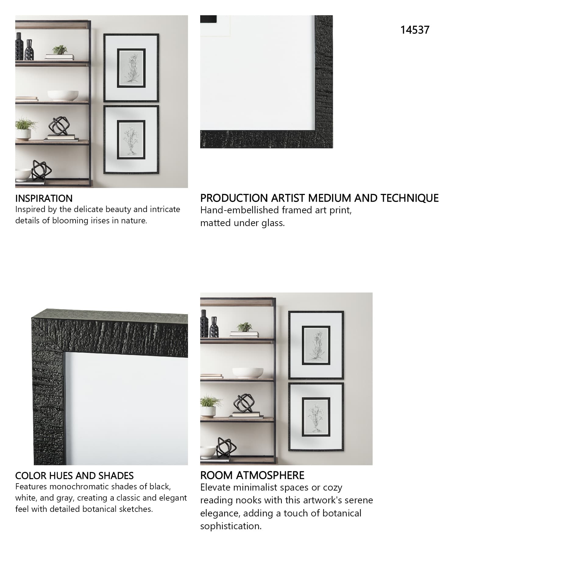 Botanical sketches IV (Grey) by Mercana Studio Hand Embellished Framed Art Print Matted under Glass — in a styled room