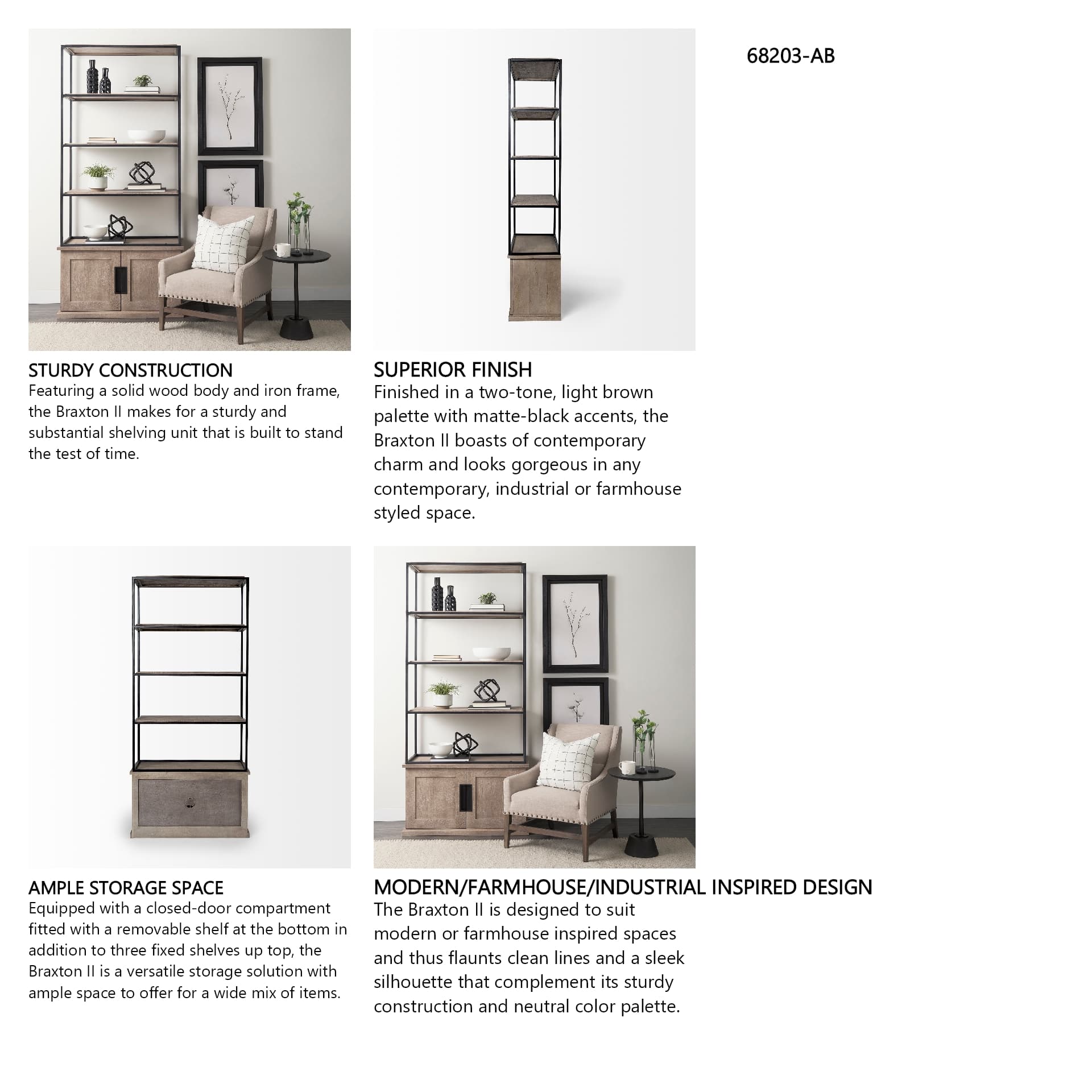 Braxton II Light Brown Wood and Iron Three Shelf Shelving Unit 41.5L x 18.5W x 9 — in a styled room